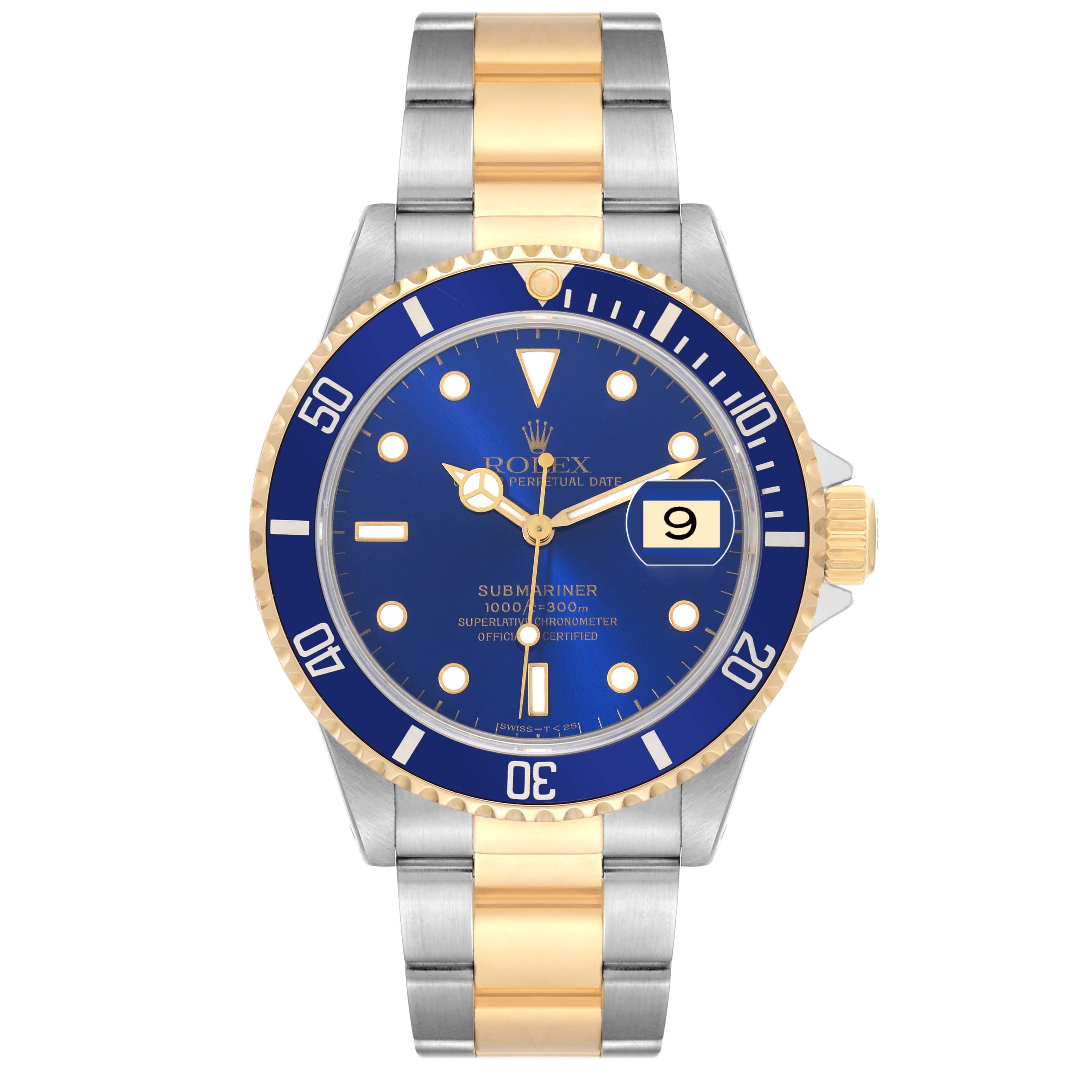 Rolex Submariner Blue Dial Steel Yellow Gold Mens Watch 16613 Box Papers In Good Condition In Atlanta, GA