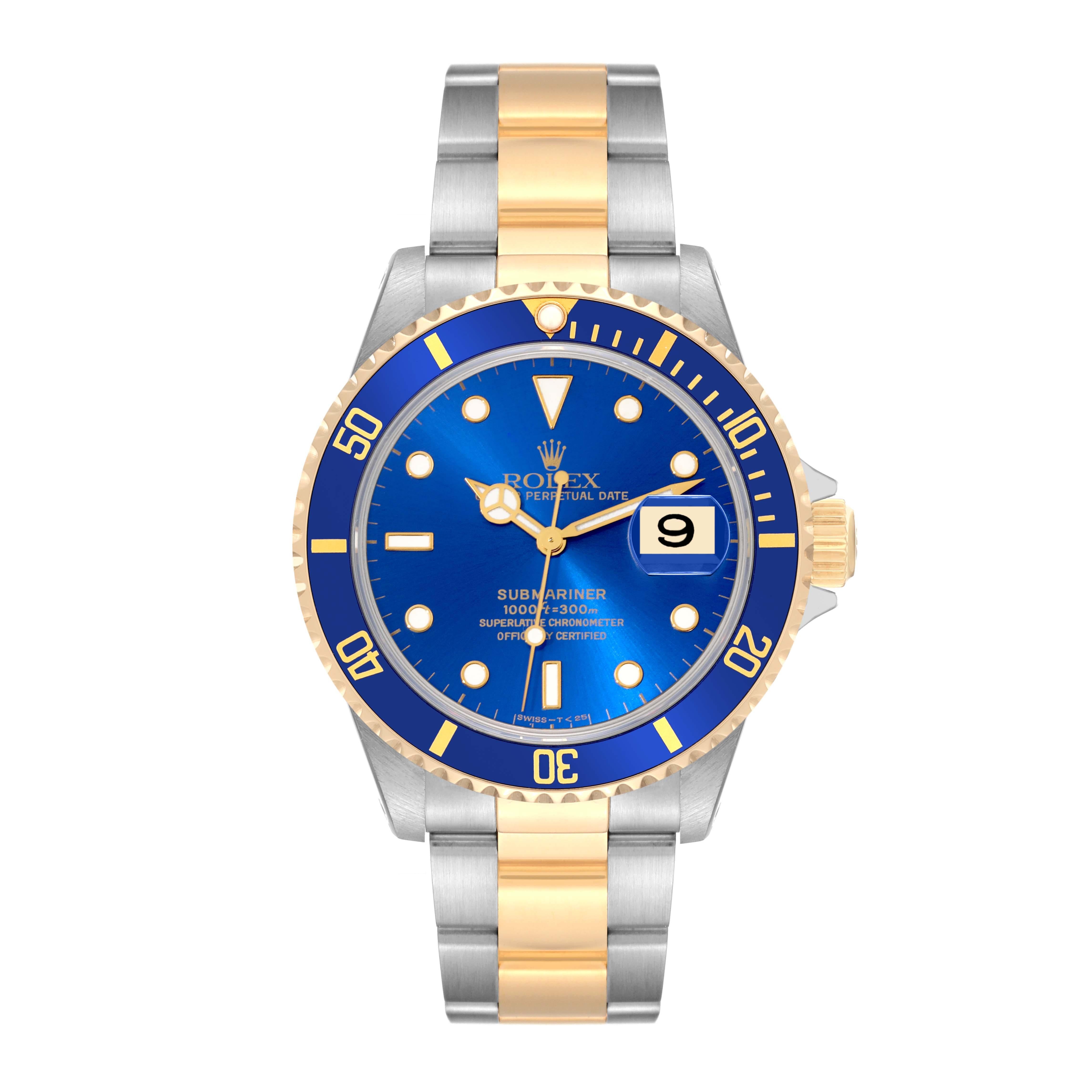 Men's Rolex Submariner Blue Dial Steel Yellow Gold Mens Watch 16613 Box Papers For Sale