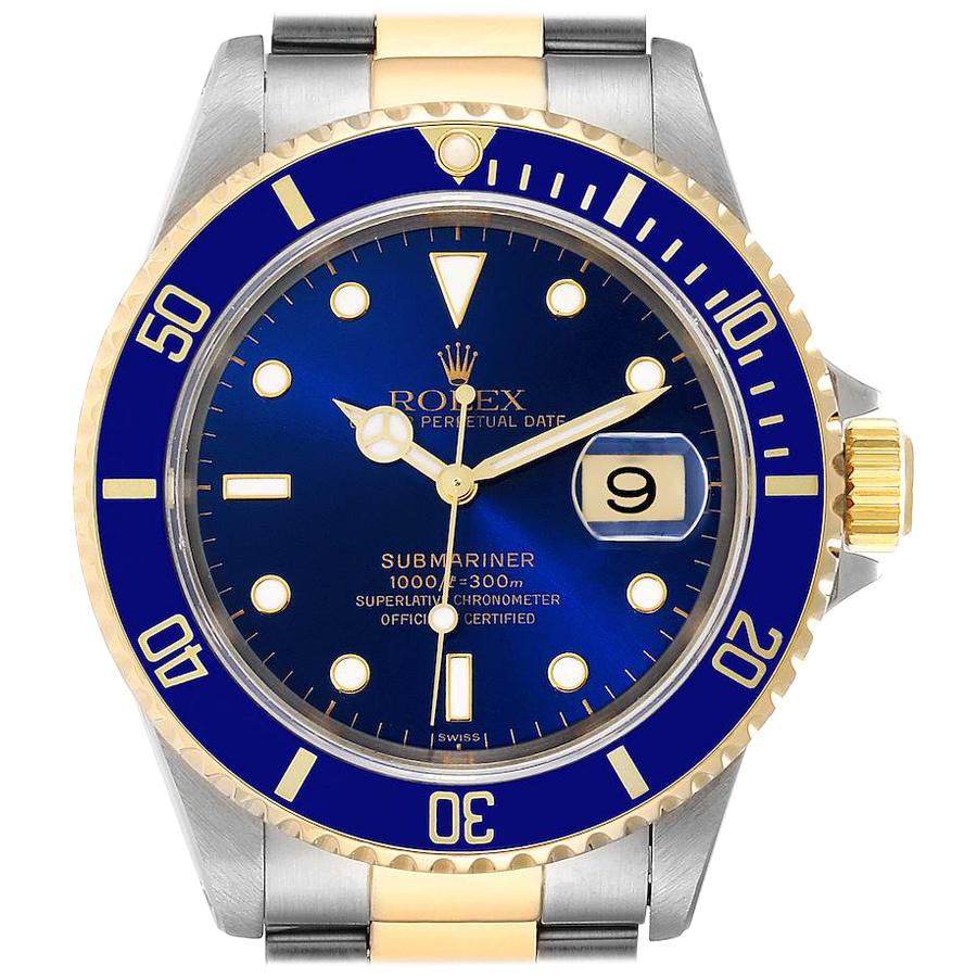 Rolex Submariner Blue Dial Steel Yellow Gold Mens Watch 16613 Box Papers For Sale