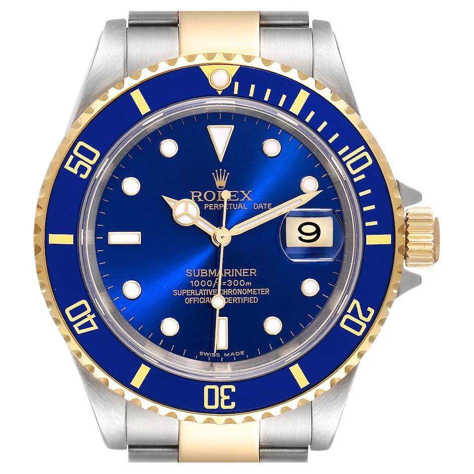 Rolex Submariner Blue Dial Steel Yellow Gold Mens Watch 16613 Box Papers For Sale