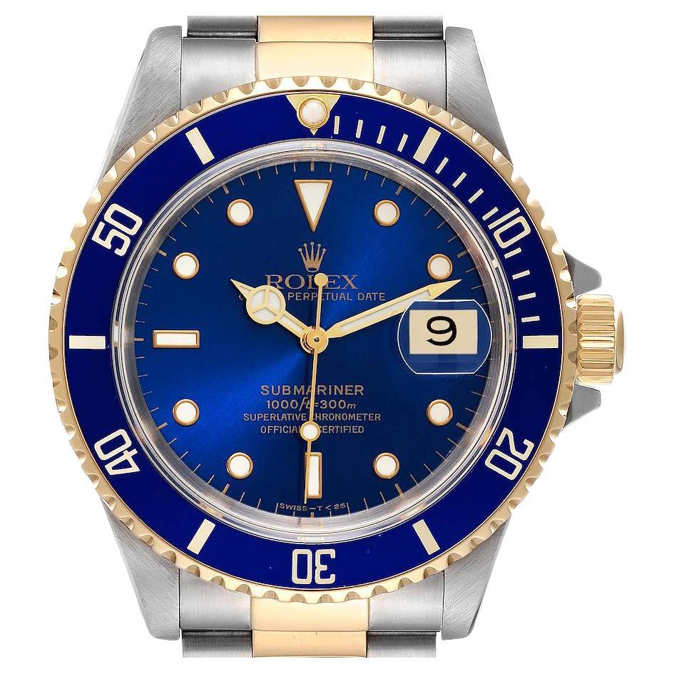 Rolex Submariner Blue Dial Steel Yellow Gold Mens Watch 16613 Box Papers For Sale