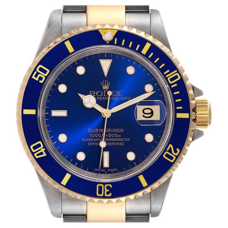 Rolex Submariner Blue Dial Steel Yellow Gold Mens Watch 16613 Box Papers at  1stDibs | rolex submariner blue gold price