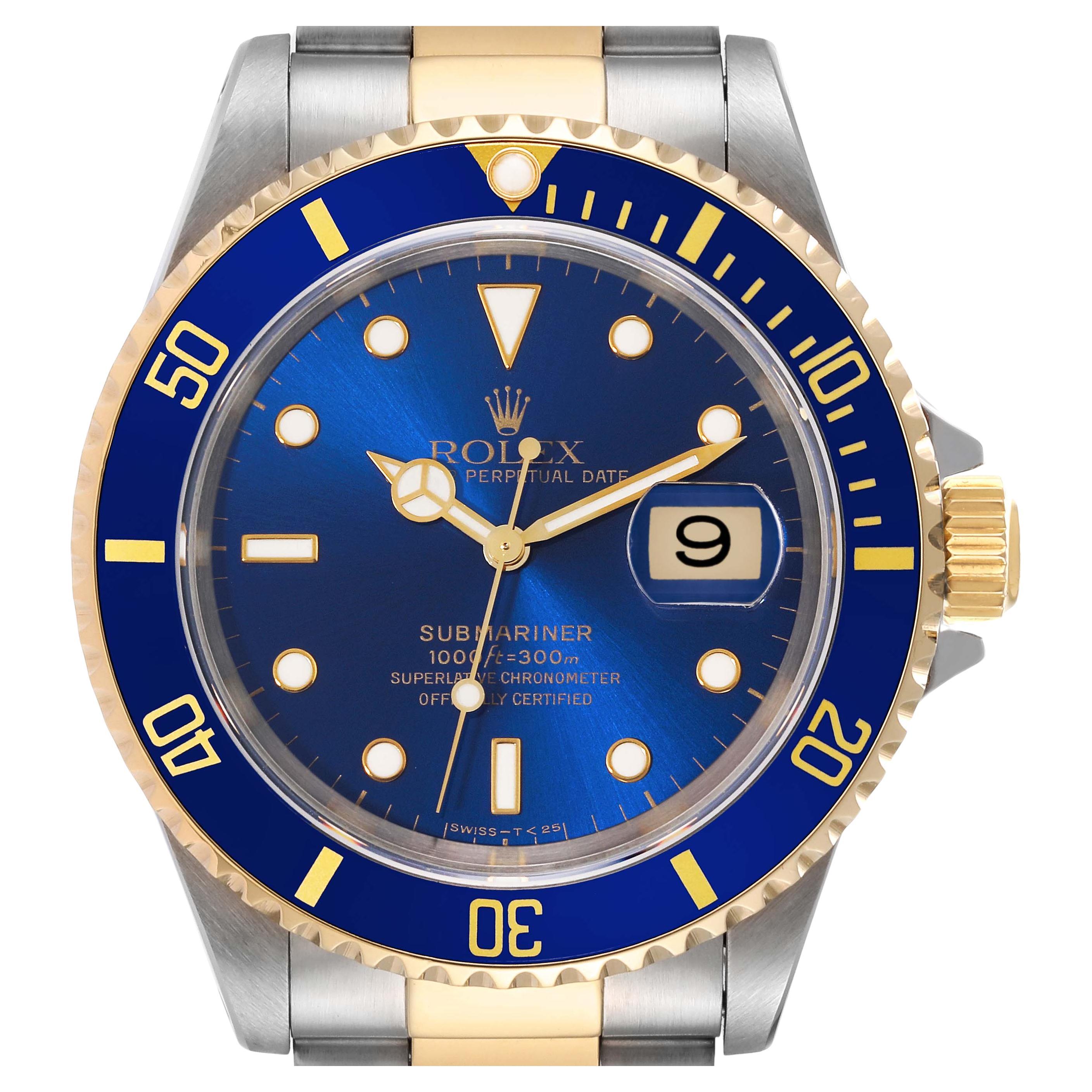 Montre Rolex Submariner à cadran bleu, acier, or jaune, pour hommes, 16613, boîte et documents.