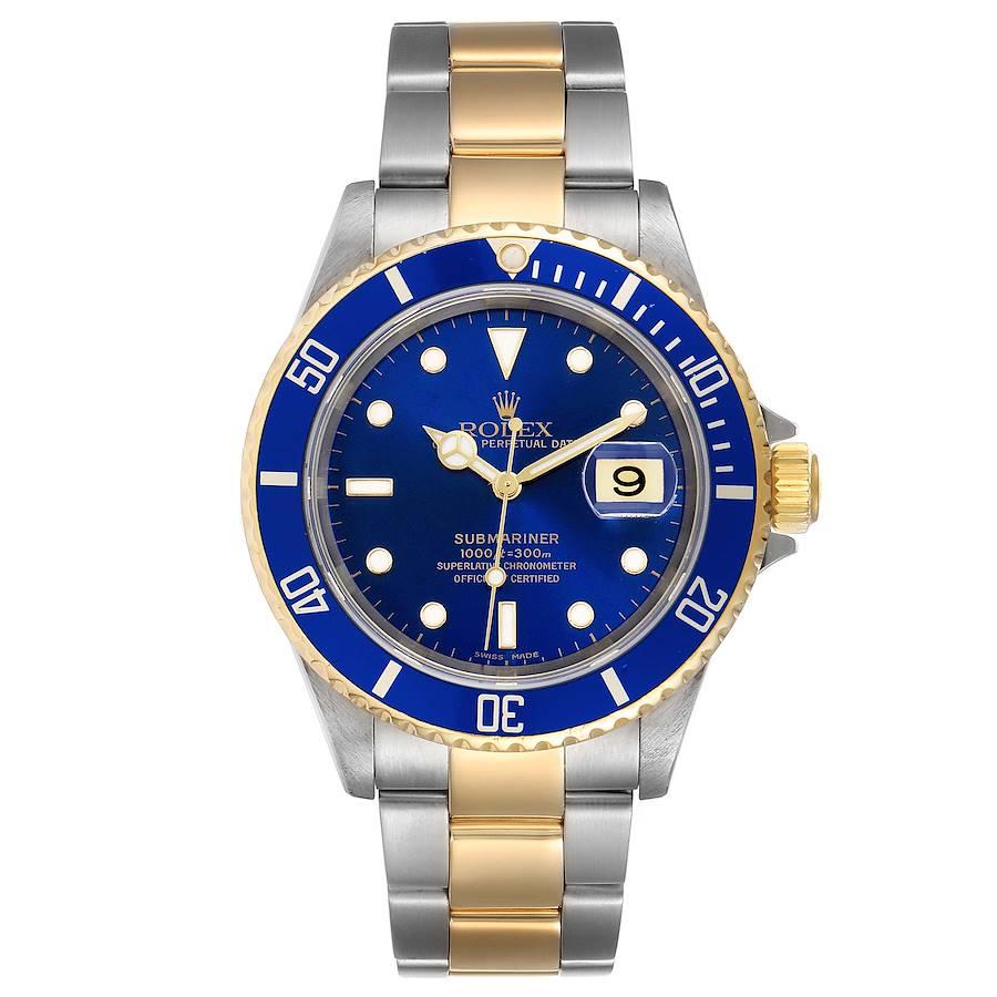 Rolex Submariner Blue Dial Steel Yellow Gold Mens Watch 16613. Officially certified chronometer self-winding movement. Stainless steel and 18k yellow gold case 40 mm in diameter. Rolex logo on a crown. Blue insert special time-lapse unidirectional