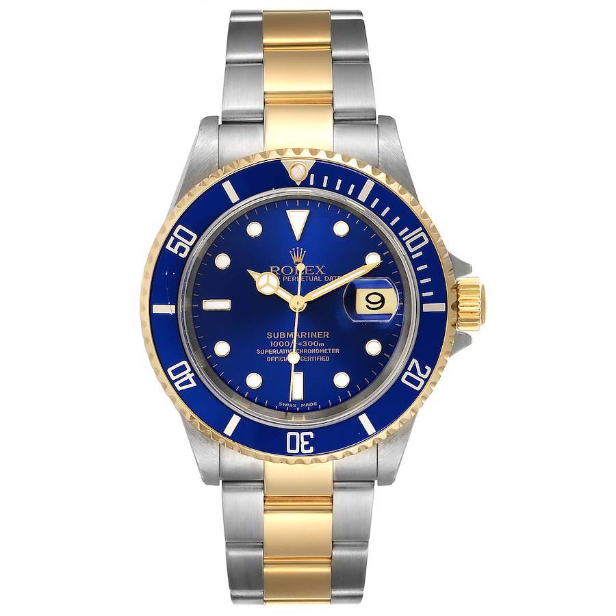 Rolex Submariner Blue Dial Steel Yellow Gold Mens Watch 16613. Officially certified chronometer self-winding movement. Stainless steel and 18k yellow gold case 40 mm in diameter. Rolex logo on a crown. Blue insert special time-lapse unidirectional