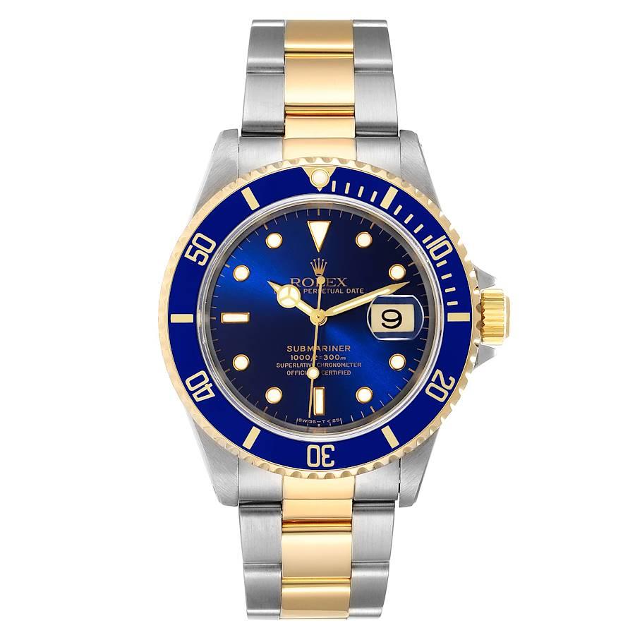 Rolex Submariner Blue Dial Steel Yellow Gold Mens Watch 16613. Officially certified chronometer self-winding movement. Stainless steel and 18k yellow gold case 40 mm in diameter. Rolex logo on a crown. Blue insert special time-lapse unidirectional