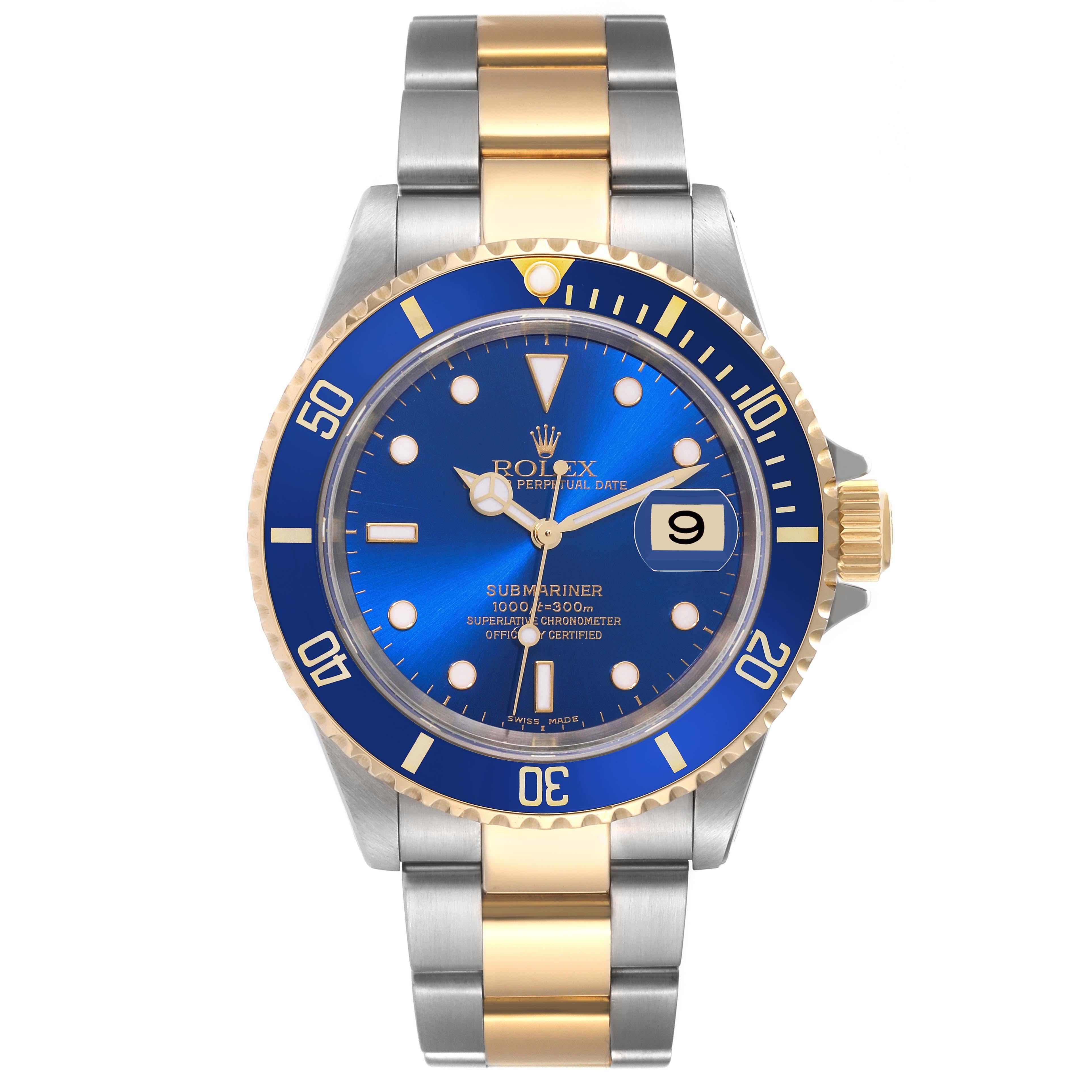 Rolex Submariner Blue Dial Steel Yellow Gold Mens Watch 16613. Officially certified chronometer automatic self-winding movement. Stainless steel and 18k yellow gold case 40 mm in diameter. Rolex logo on the crown. Blue insert special time-lapse