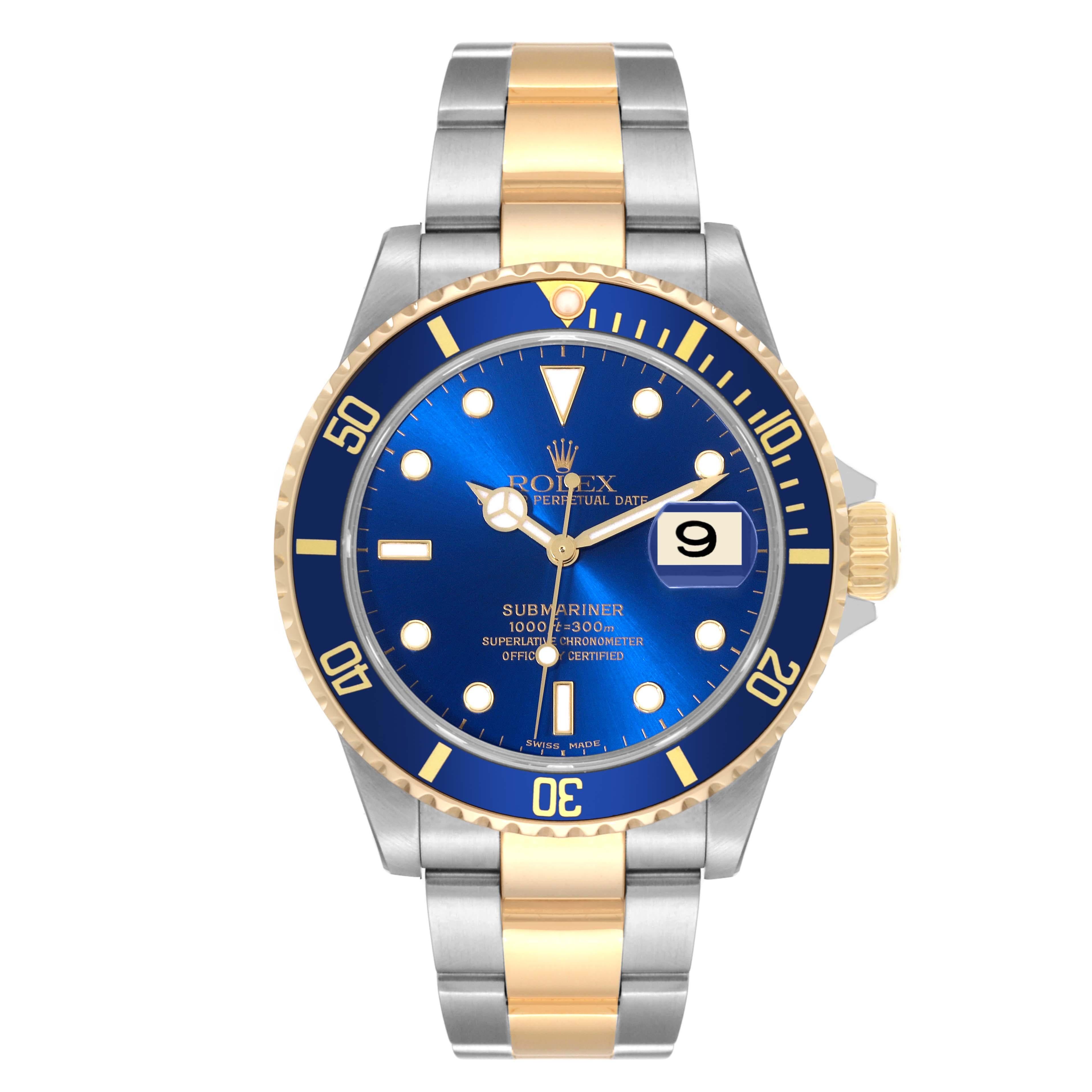 Rolex Submariner Blue Dial Steel Yellow Gold Mens Watch 16613. Officially certified chronometer automatic self-winding movement. Stainless steel and 18k yellow gold case 40 mm in diameter. Rolex logo on the crown. Blue insert special time-lapse