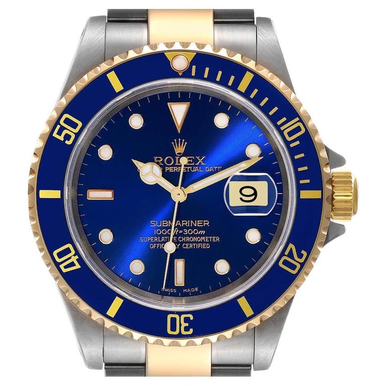 Rolex Montre Submariner bleue à cadran en acier et or jaune pour hommes  16613 En vente sur 1stDibs