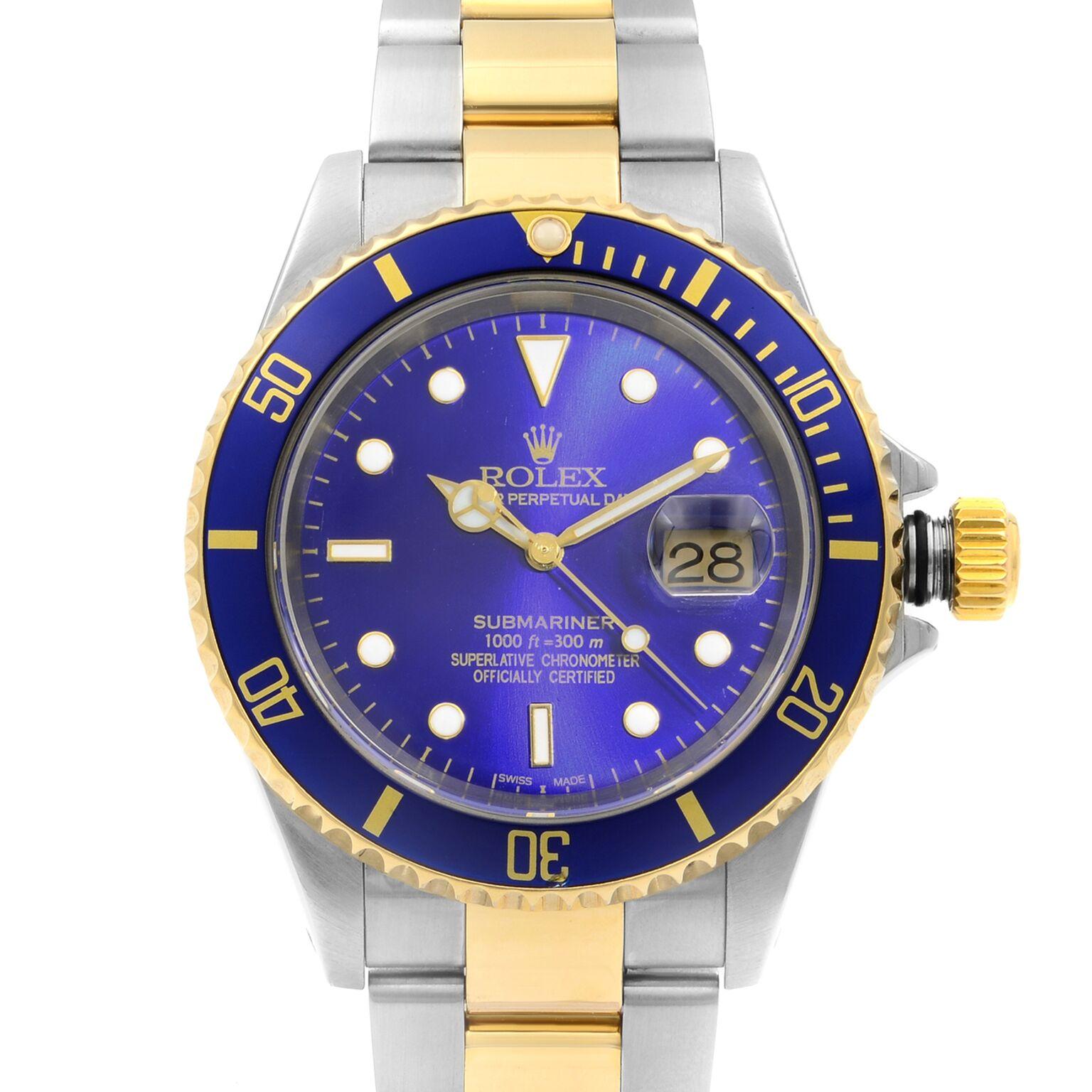 This pre-owned Rolex Submariner 16613T is a beautiful men's timepiece that is powered by mechanical (automatic) movement which is cased in a stainless steel case. It has a round shape face,  dial and has hand sticks & dots style markers. It is
