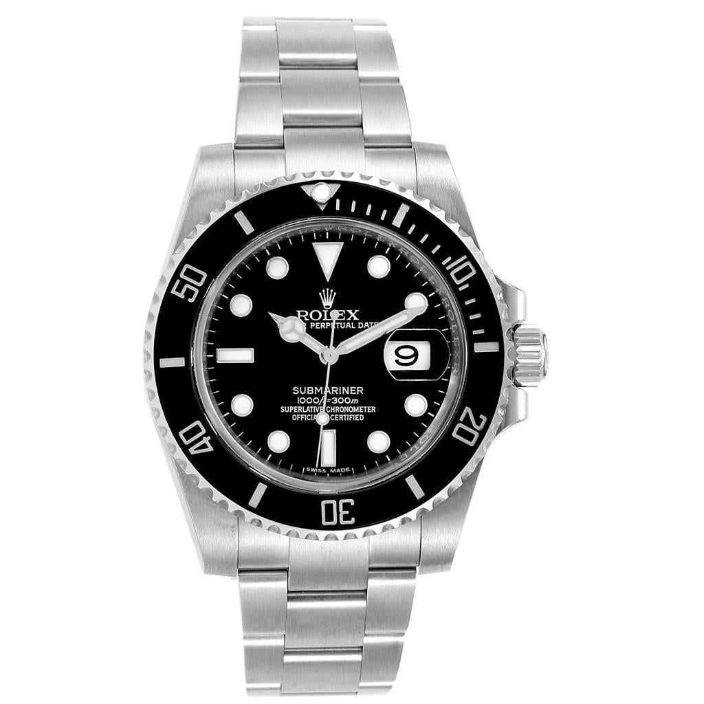 Rolex Submariner Ceramic Bezel Black Dial Steel Mens Watch 116610. Officially certified chronometer self-winding movement. Stainless steel case 40.0 mm in diameter. Rolex logo on a crown. Black Cerachrom bezel. Scratch resistant sapphire crystal