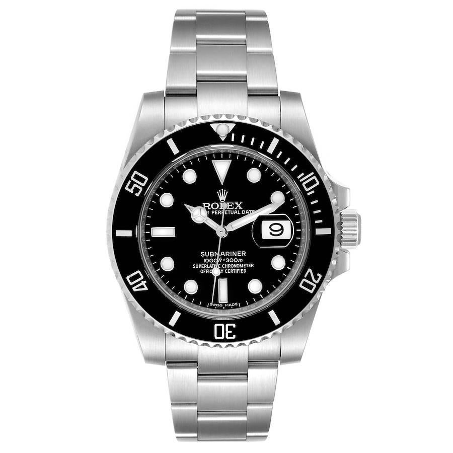 Rolex Submariner Ceramic Bezel Steel Mens Watch 116610 Box Card. Officially certified chronometer self-winding movement. Stainless steel case 40 mm in diameter. Rolex logo on a crown. Unidirectional rotating black ceramic bezel with 60 minutes