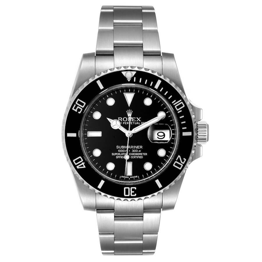 Rolex Submariner Ceramic Bezel Steel Mens Watch 116610 Box Card. Officially certified chronometer self-winding movement. Stainless steel case 40 mm in diameter. Rolex logo on a crown. Unidirectional rotating black ceramic bezel with 60 minutes