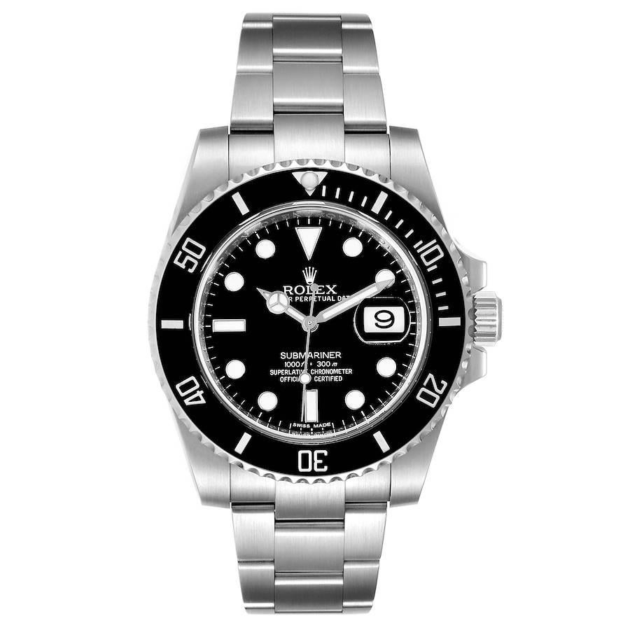 Rolex Submariner Ceramic Bezel Steel Mens Watch 116610 Box Card. Officially certified chronometer self-winding movement. Stainless steel case 40 mm in diameter. Rolex logo on a crown. Unidirectional rotating black ceramic bezel with 60 minutes