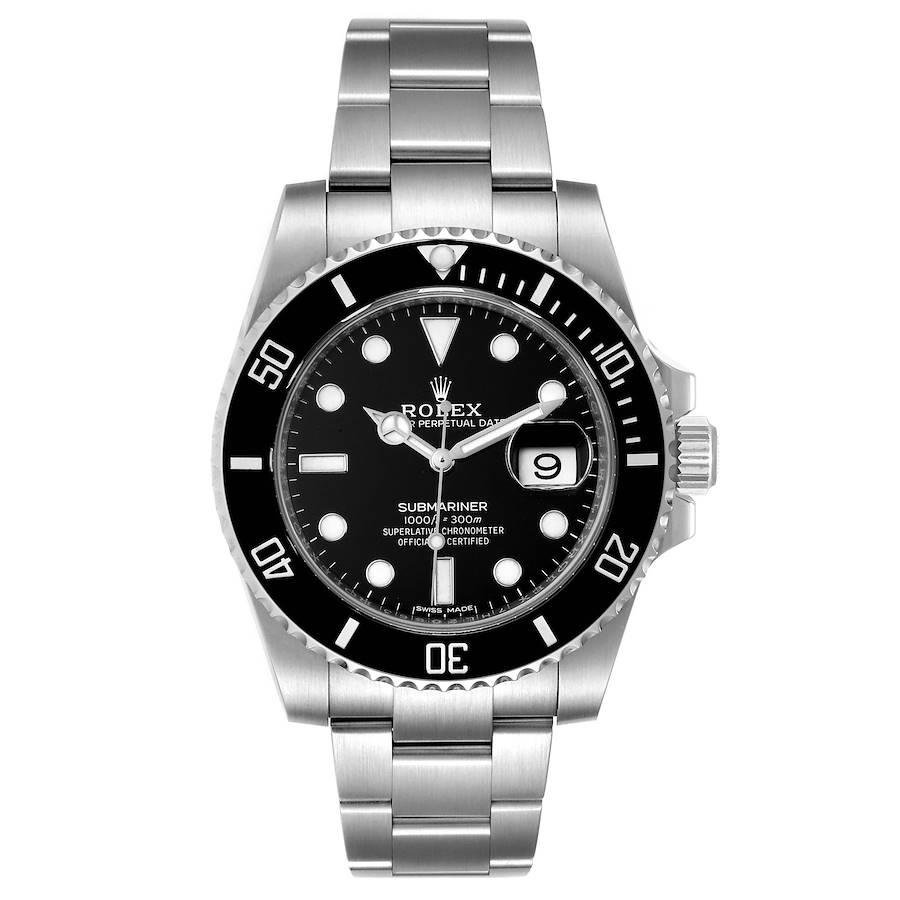 Rolex Submariner Ceramic Bezel Steel Mens Watch 116610. Officially certified chronometer self-winding movement. Stainless steel case 40 mm in diameter. Rolex logo on a crown. Unidirectional rotating black ceramic bezel with 60 minutes graduation.