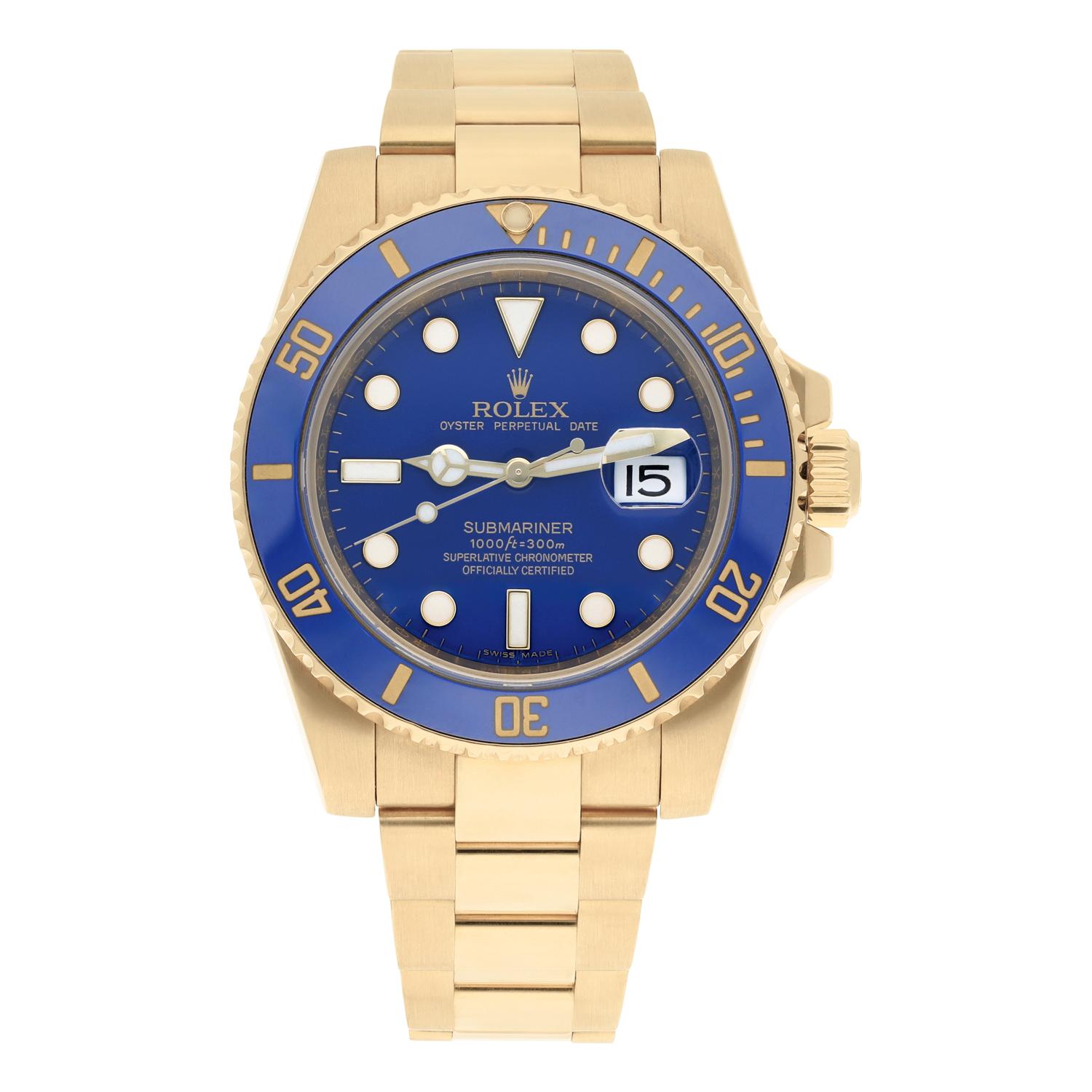 This 18ct yellow gold Rolex Submariner is absolutely pristine! Featuring the popular blue dial with matching blue scratchproof Cerachrom bezel, this current model is fitted to a solid yellow gold Oyster bracelet with Glidelock clasp.Powered by