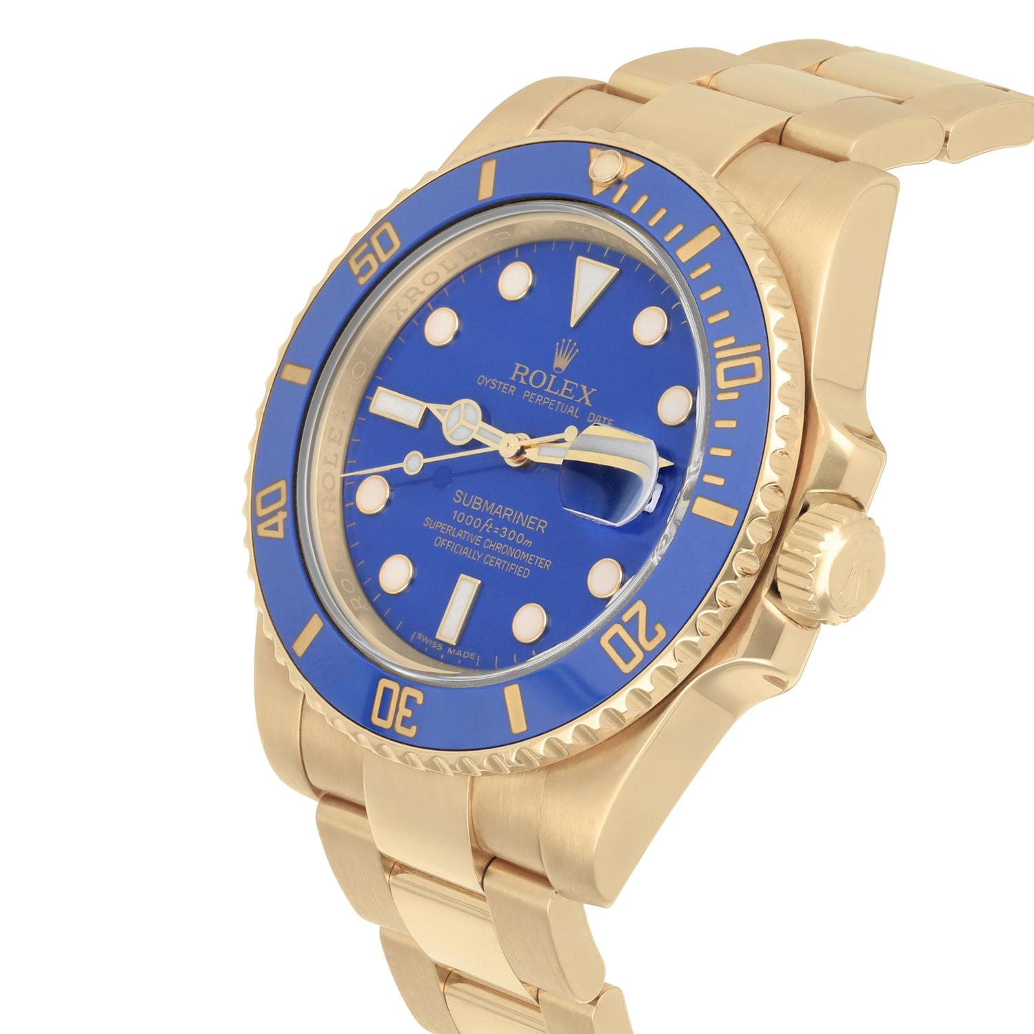 Modern Rolex Submariner Ceramic Blue 116618LB Yellow Gold 40mm Watch Complete For Sale