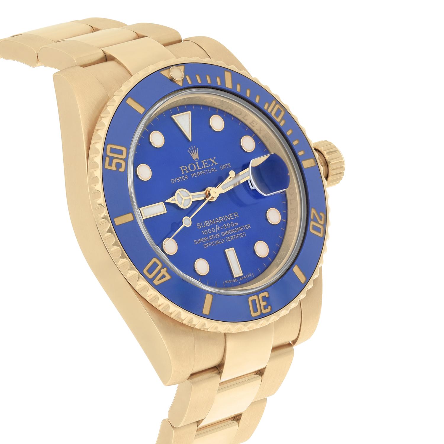Men's Rolex Submariner Ceramic Blue 116618LB Yellow Gold 40mm Watch Complete For Sale