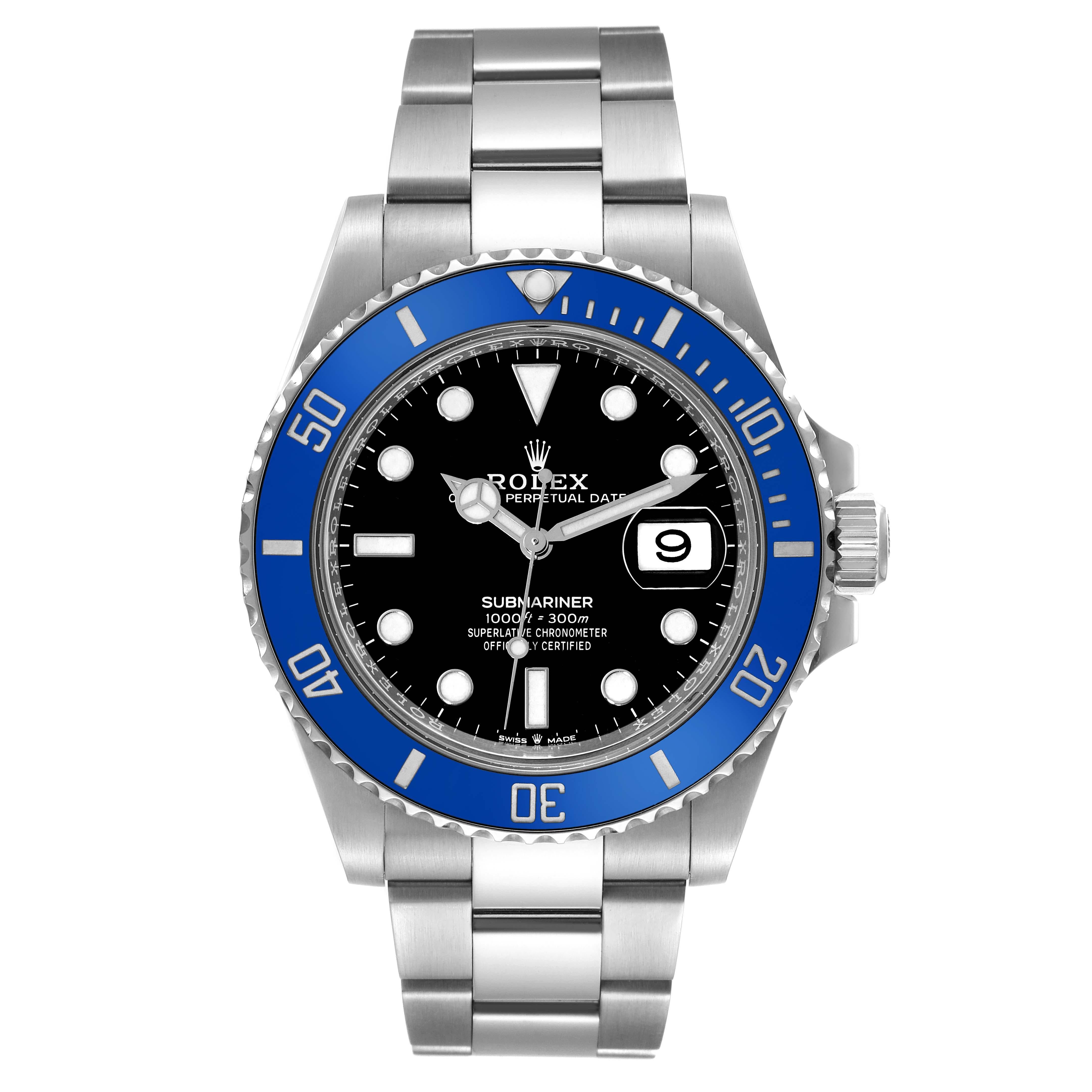 Rolex Submariner Cookie Monster Blue Ceramic Bezel White Gold Mens Watch 126619. Officially certified chronometer automatic self-winding movement. Paramagnetic blue Parachrom hairspring. 18k white gold case 41 mm in diameter. Rolex logo on the