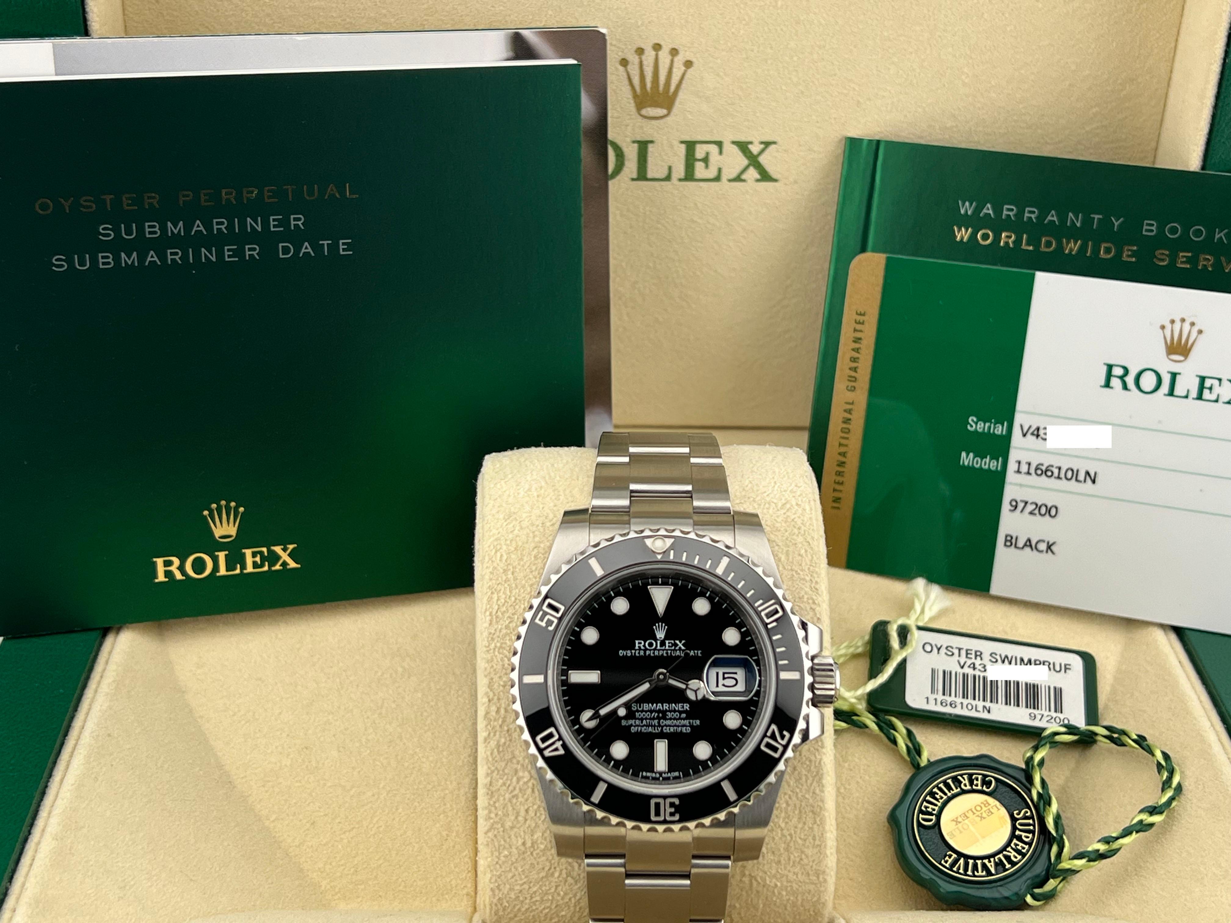 Style Number: 116610



Year: 2015

 

Model: Rolex Submariner Date

 

Case Material: Stainless Steel 

 

Band: Stainless Steel 

  

Bezel: Black Ceramic 

  

Dial: Black 

 

Face: Sapphire Crystal 

 

Case Size: 40mm 

 

Includes: 

-Rolex
