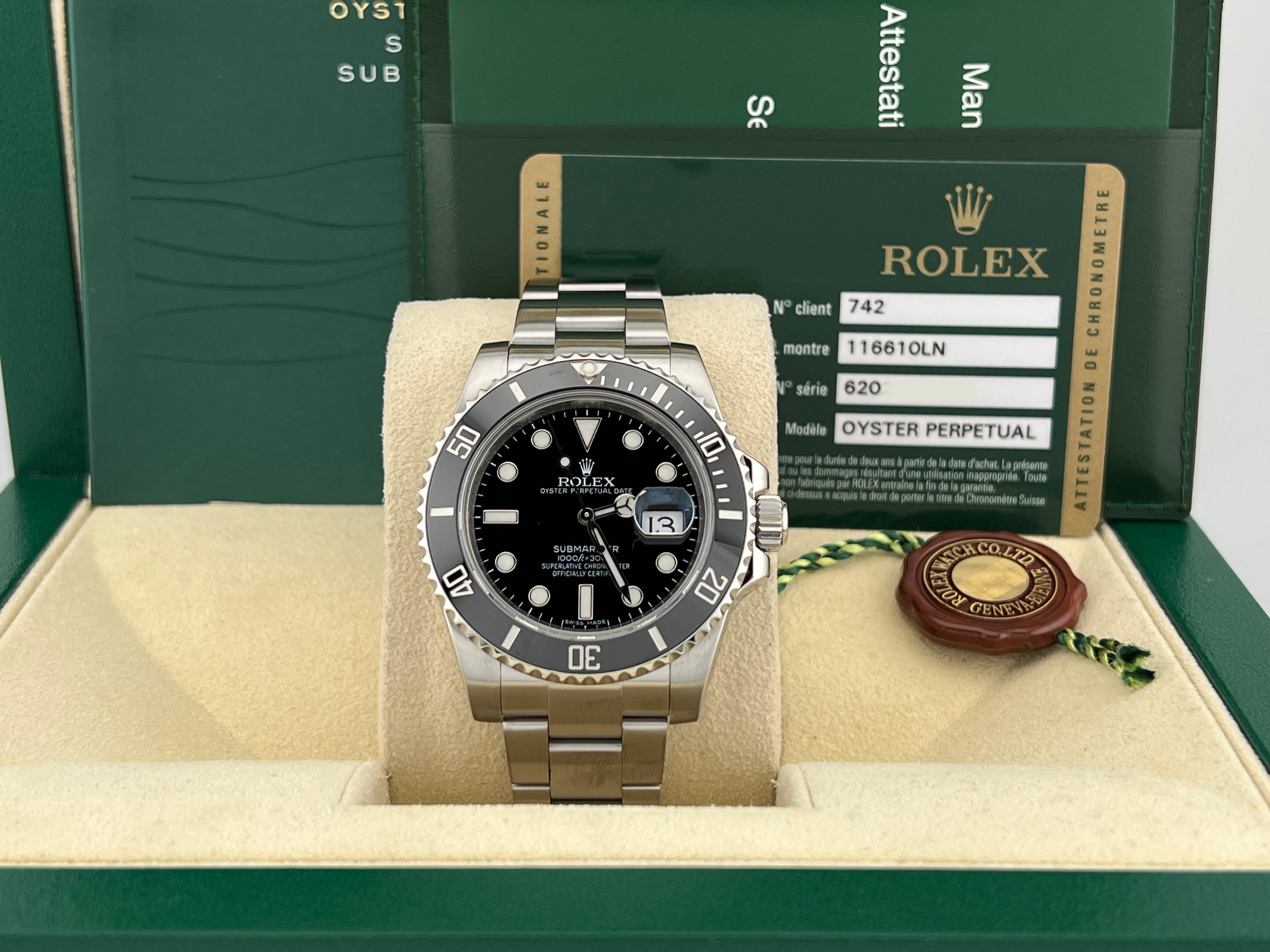 Style Number: 116610LN


Serial: 62021***


Year: 2011-2013


Model: Rolex Submariner Date


Case Material: Stainless Steel 


Band: Stainless Steel 


Bezel: Black Ceramic 


Dial: Black


Face: Sapphire Crystal 


Case Size: