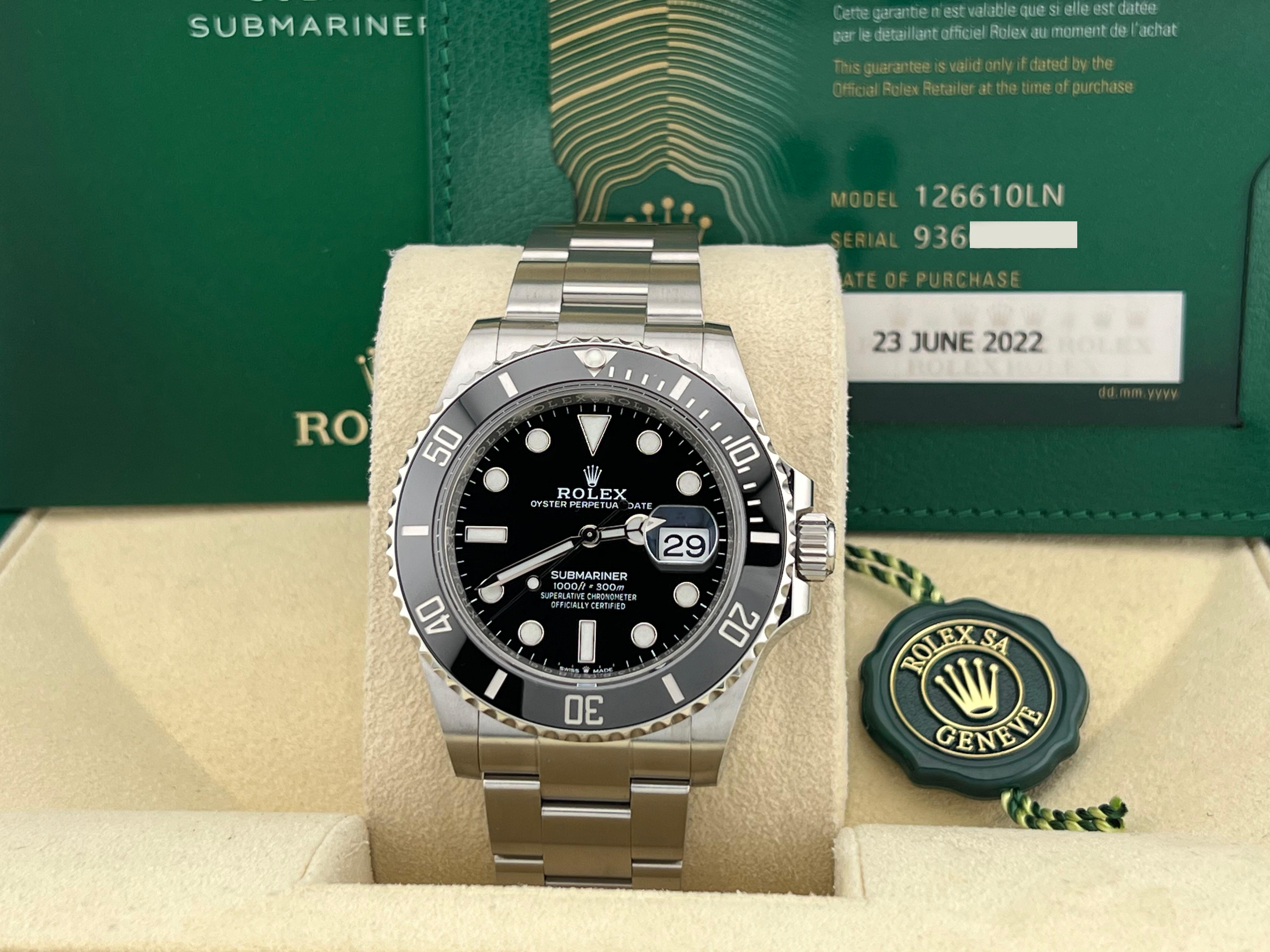 Style Number: 126610LN



Serial: 9360S***



Year: 2022

 

Model: Rolex Submariner

 

Case Material: Stainless Steel 

 

Band: Stainless Steel 

 

Bezel: Black Ceramic  

 

Dial: Black 

 

Face: Sapphire Crystal 

 

Case Size: 41mm 

