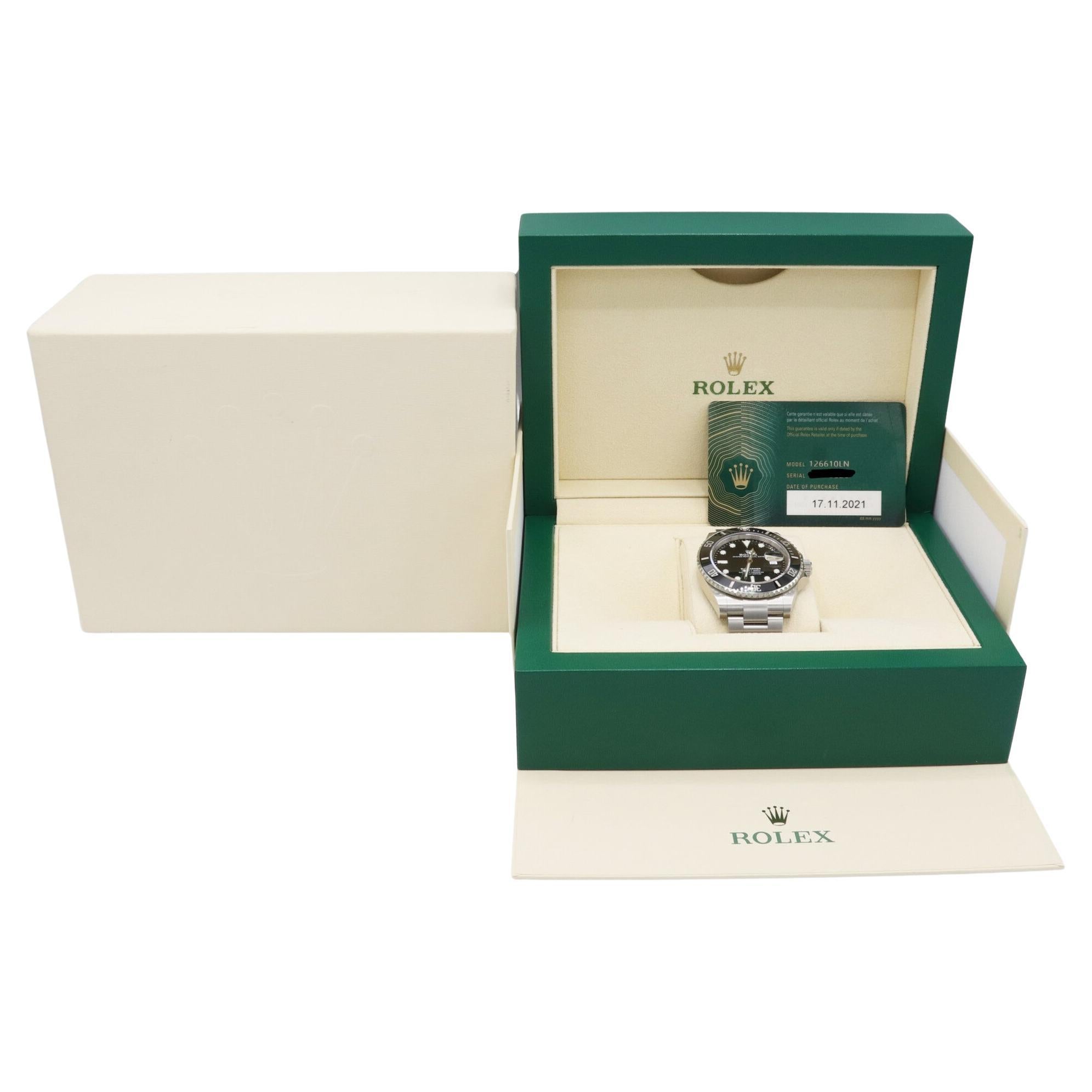 Rolex Submariner Date 126610LN Stainless Steel Watch Box  Papers
Model: 126610LN
Serial: 578P**** (Card dated 2021)
Metal: Stainless steel
Dial: Black
Case: 41mm
Bracelet: Oyster, fits approx. 8 inch wrist when clasped, 11 links
Bezel: Black,