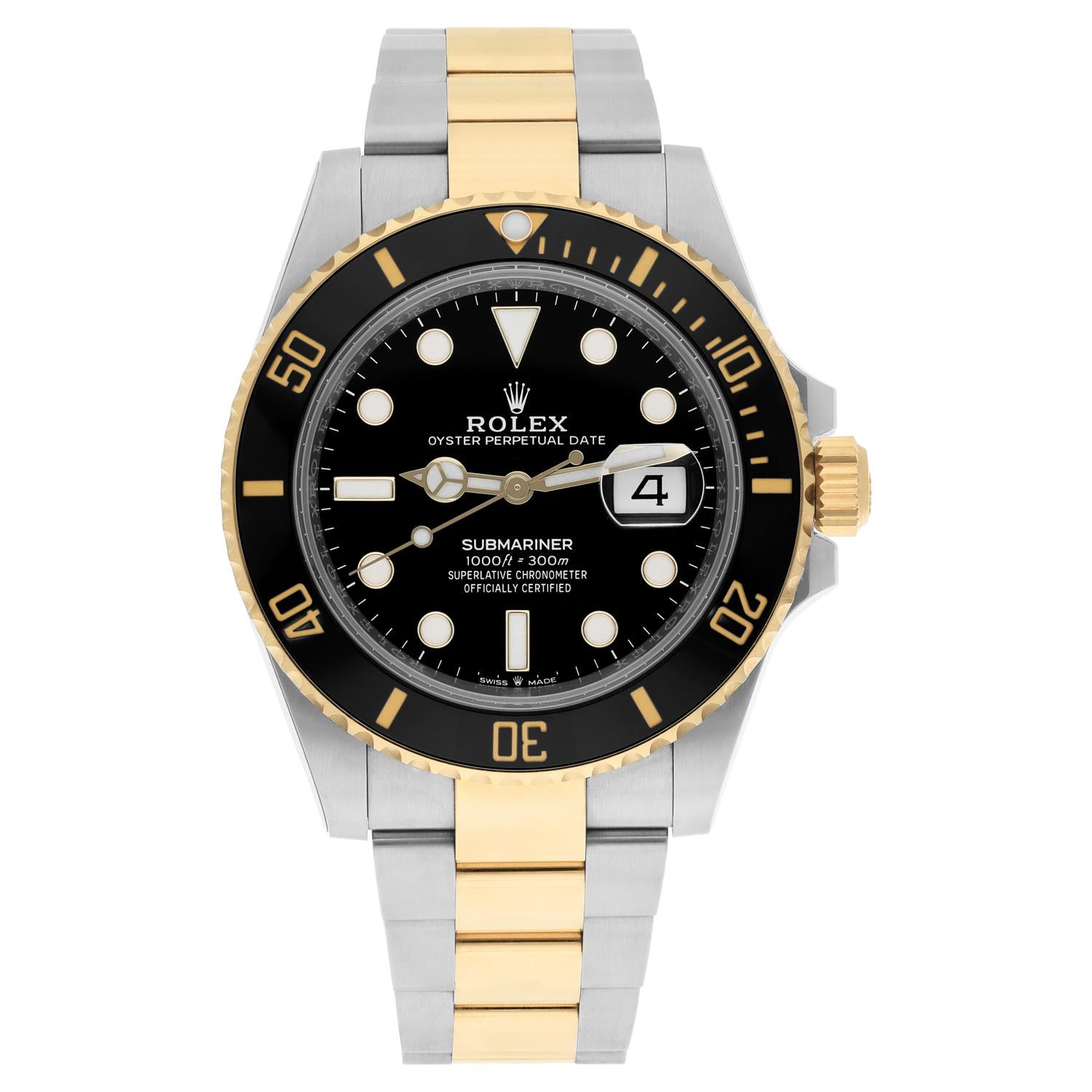 This 126613LN is under official Rolex warranty to 2027 and offered complete, including both swing tags & its Rolex international warranty card dated Dec. 2022.
Sporting a solid gold unidrectional Cerachrom bezel (designed by Rolex to never fade), an