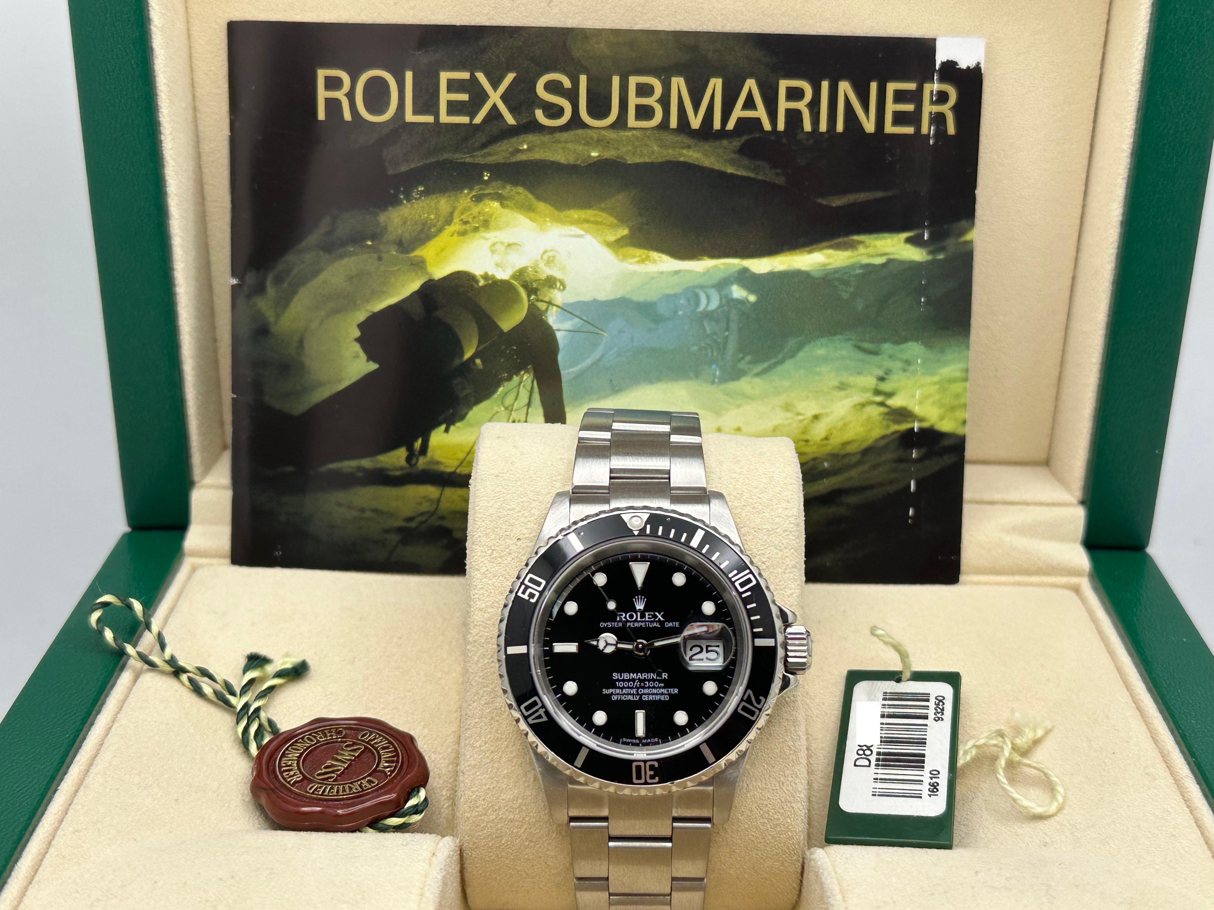 Style Number: 16610



Serial: D882***



Year: 2005

 

Model: Rolex Submariner 

 

Case Material: Stainless Steel 

 

Band:  Stainless Steel 

  

Bezel: Black Bezel

  

Dial: Black

 

Face: Sapphire Crystal 

 

Case Size: 40mm 

 

Includes: