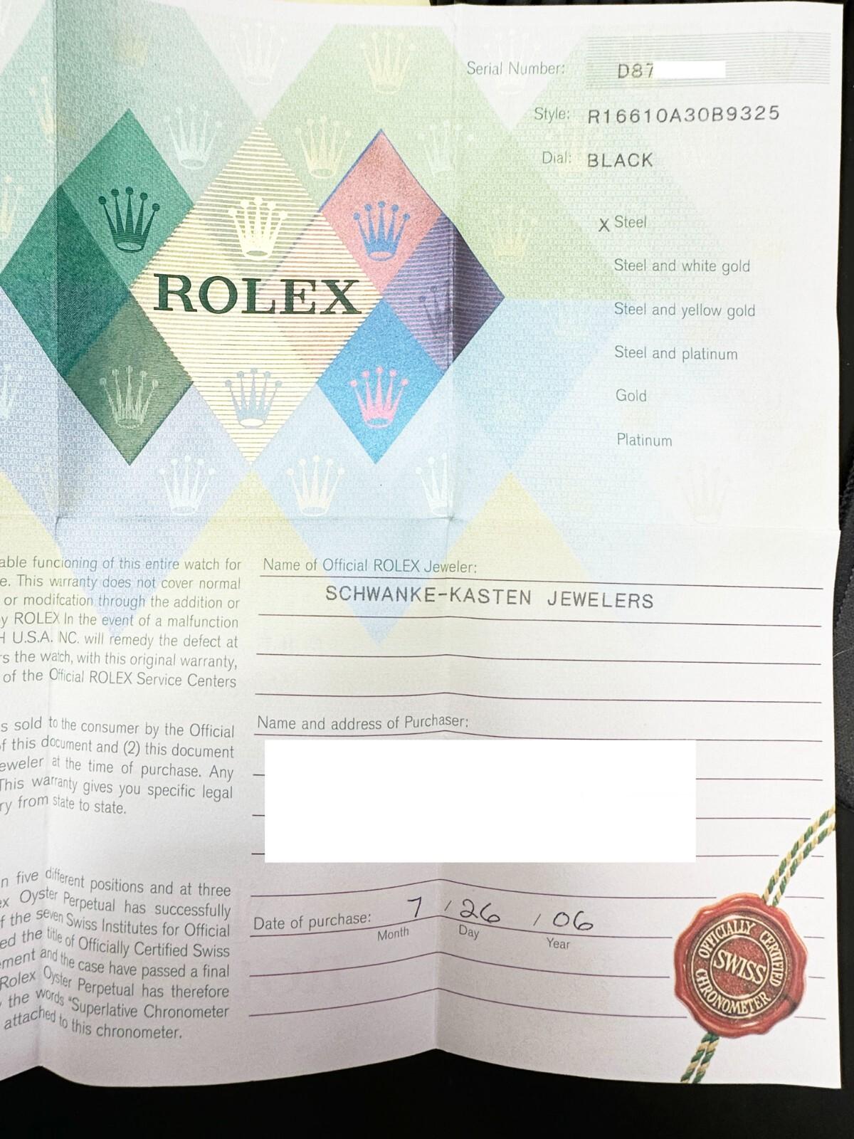 Rolex Submariner Date 16610 Quadrante Nero Acciaio Inox Scatola Carta 40mm 2006 In condizioni ottime a San Diego, CA