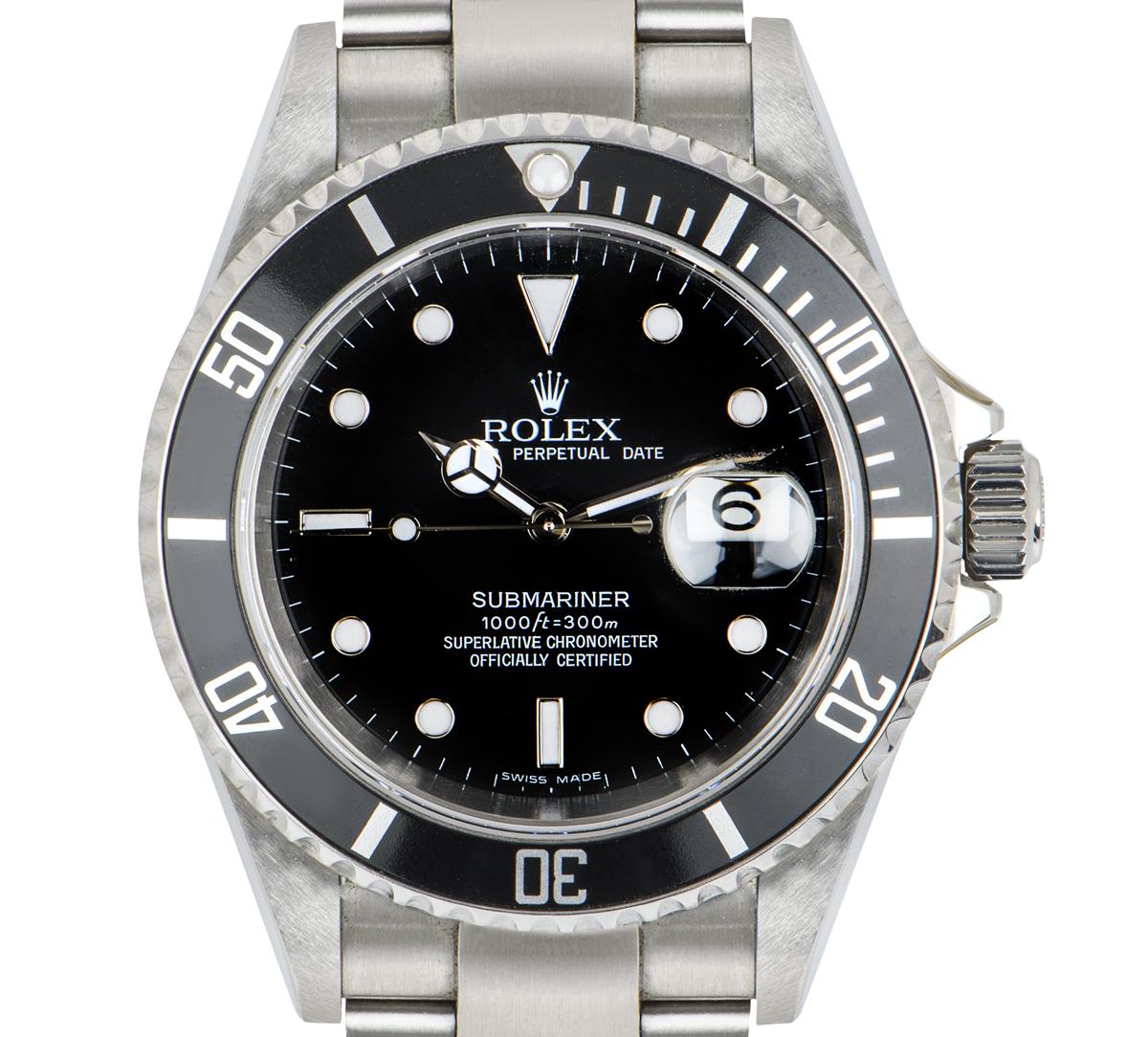 A men's 40mm Submariner Date in Oyster steel by Rolex. Featuring a black dial with a unidirectional rotating bezel and a black 60-minute graduation bezel insert.

Fitted with a scratch resistant sapphire crystal and powered by a self-winding