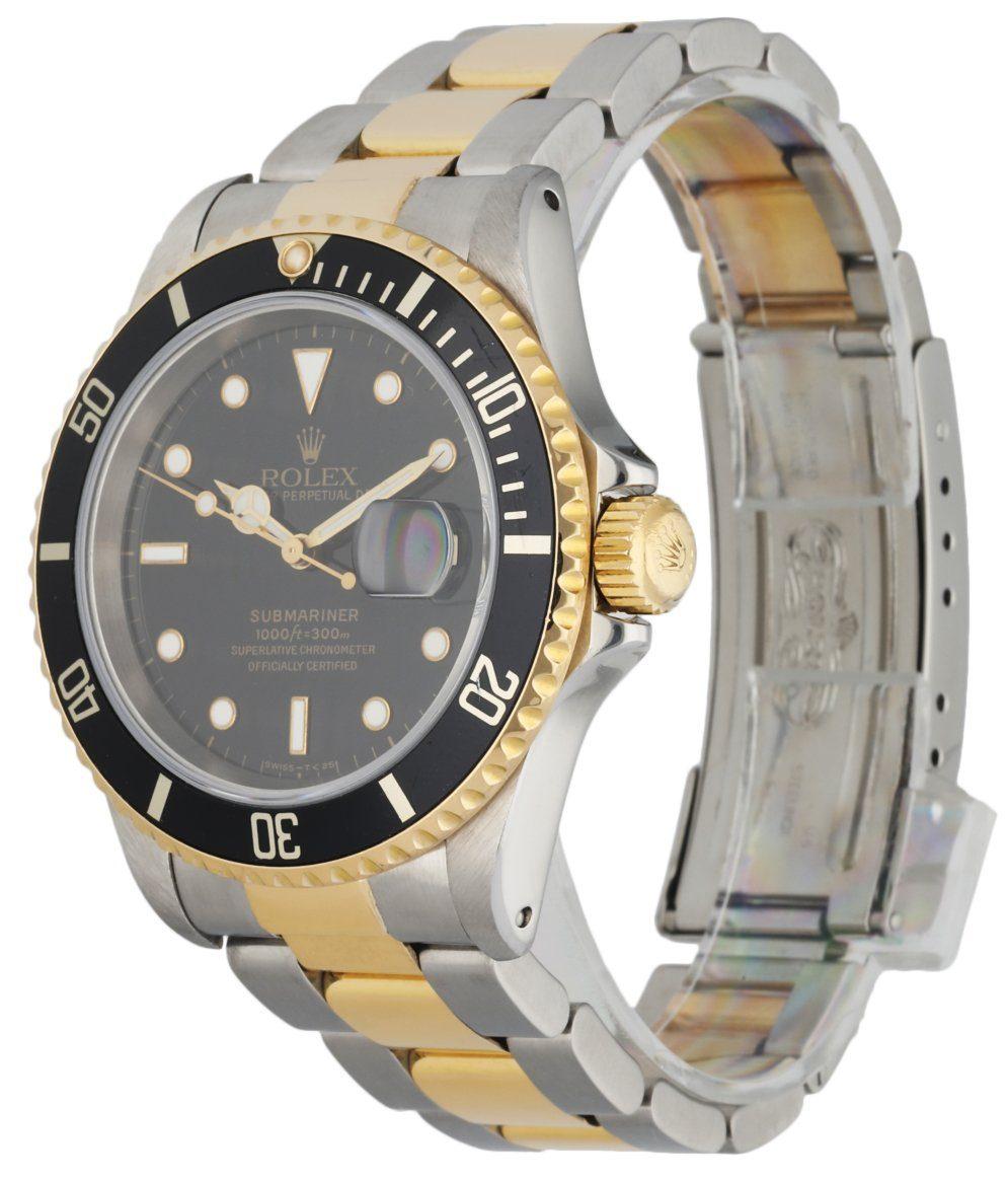 Rolex oyster perpetual Submariner Date 16613 Men's Watch. 40mm Stainless steel case with 18k yellow gold unidirectional bezel with black bezel insert. Black dial with gold luminous hands and dot hour markers. Stainless steel & 18K yellow gold oyster