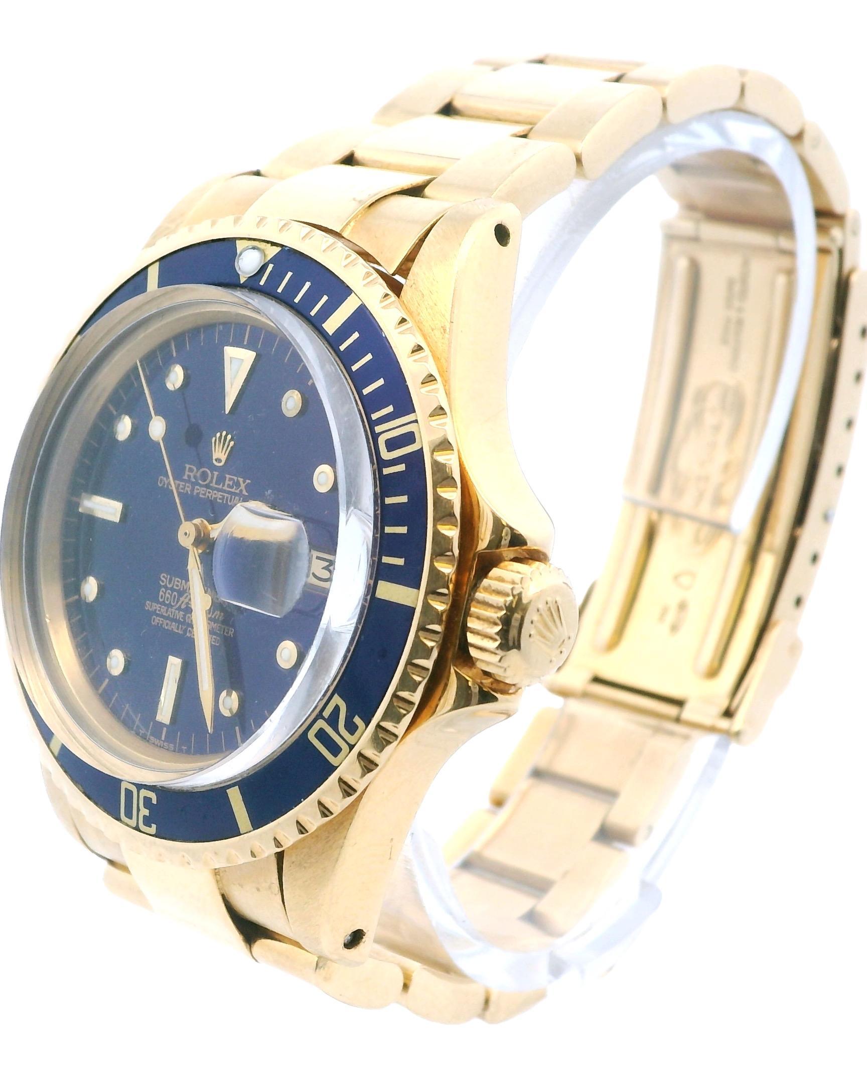 Rolex Oyster Perpetual Submariner Date 1680 Mens Watch. 40mm 18K yellow gold case. Bi-directional rotating 18K yellow gold bezel with blue insert. Blue dial with Mercedes gold luminous hands and index hour markers. Minute maker on the outer dial.