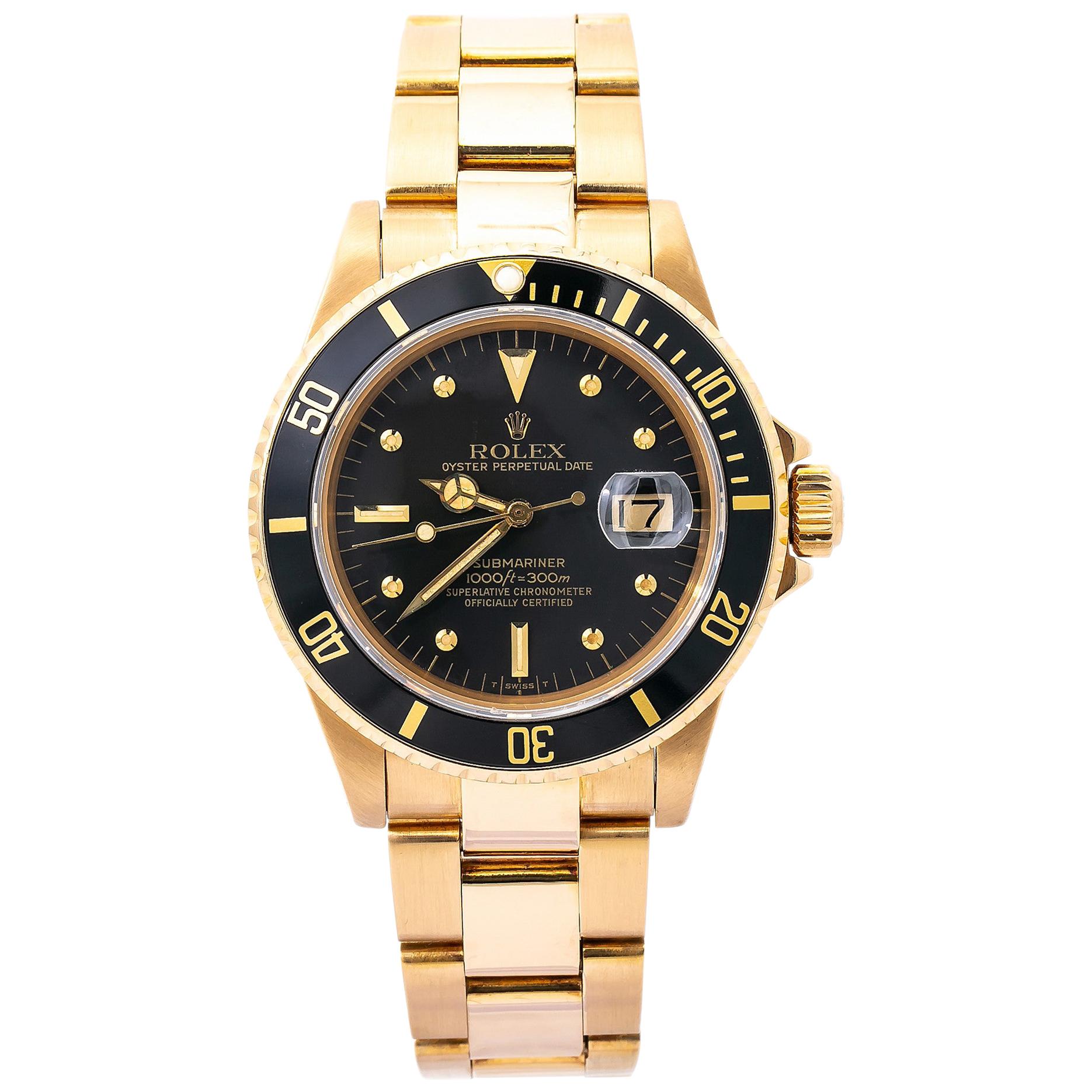 Rolex Submariner Date 16808 Men's Watch Black Nipple Dial Vintage 18K Y Gold