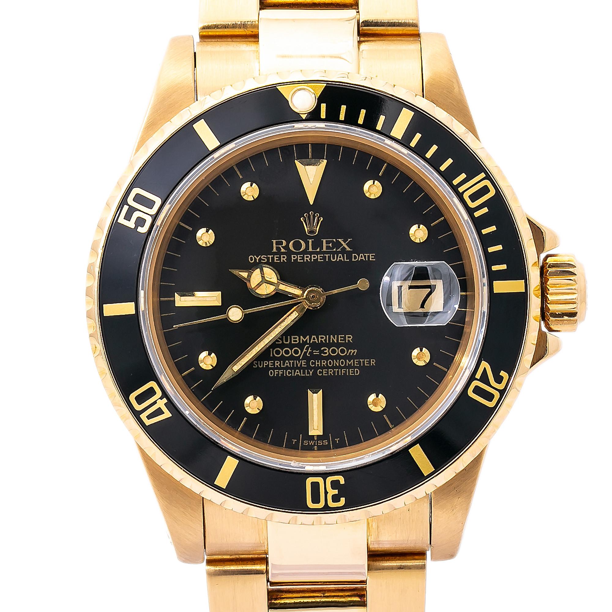 Rolex Submariner Date 16808 Men's Watch Black Nipple Dial Vintage 18K Y Gold In Excellent Condition In Miami, FL
