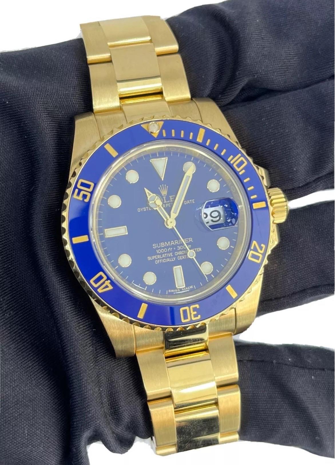 Rolex Submariner Date 18K Yellow Gold 40mm Blue Ceramic Oyster Watch 116618 For Sale 6