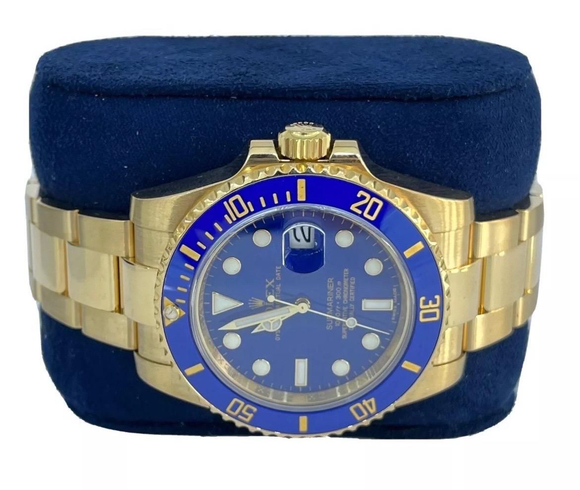 Men's Rolex Submariner Date 18K Yellow Gold 40mm Blue Ceramic Oyster Watch 116618 For Sale