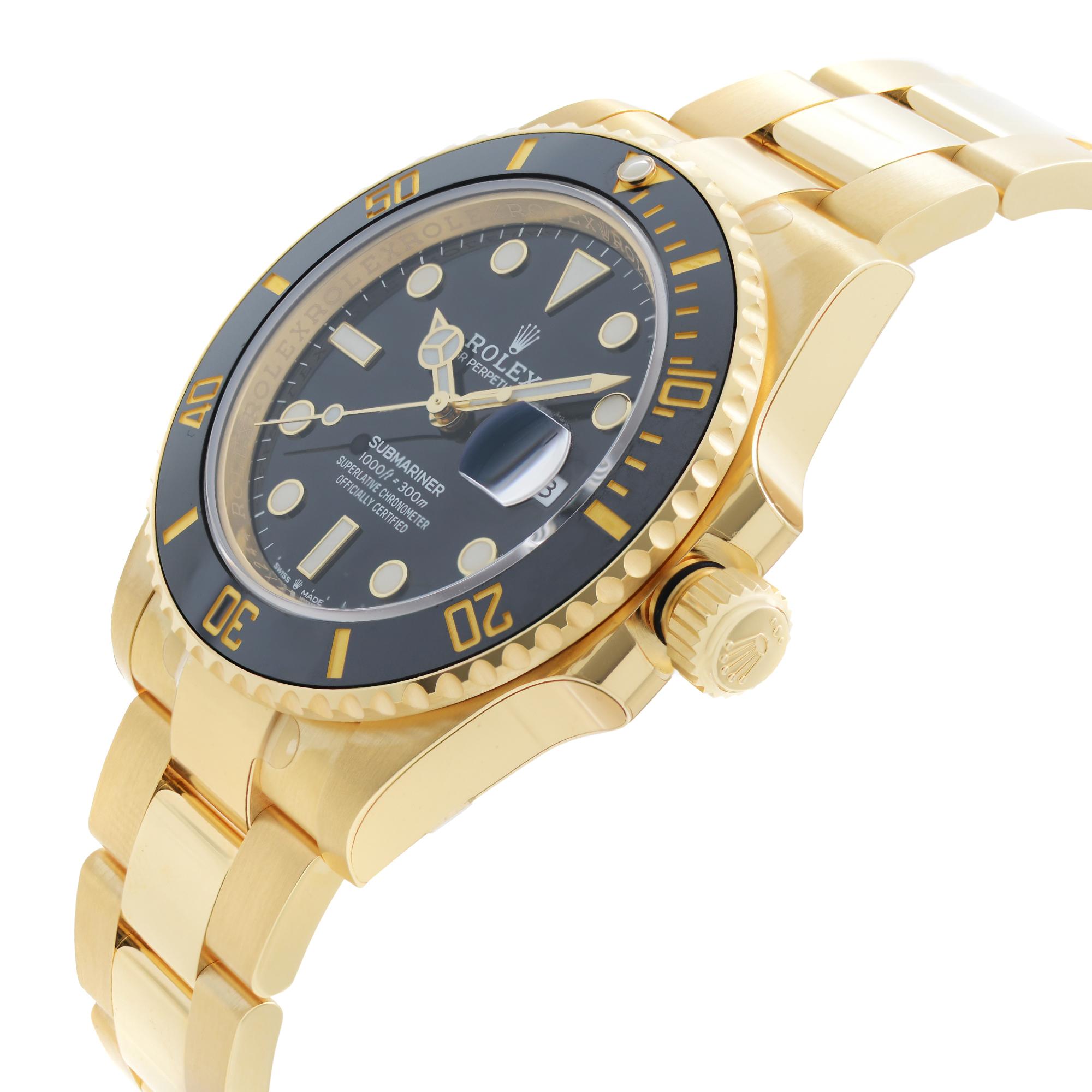 Unworn Fully Stickered Rolex Submariner 18K Yellow Gold Black Dial Automatic Men's Watch 126618LNBKSO. This Beautiful Timepiece Features: 18kt Yellow Gold Case with A 18kt Yellow Gold Rolex Oyster Bracelet Uni-Directional Rotating 18kt Yellow Gold