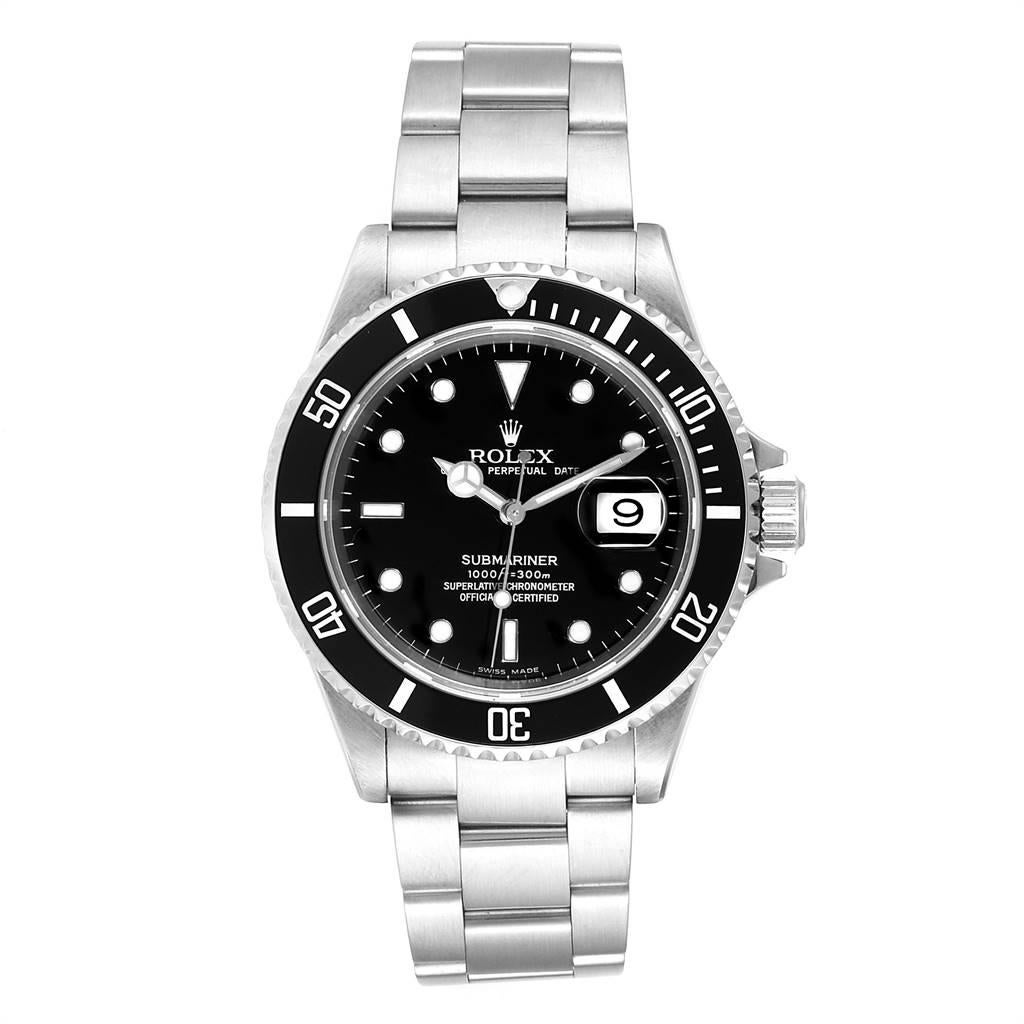 Rolex Submariner Date 40 Stainless Steel Automatic Mens Watch 16610. Officially certified chronometer self-winding movement. Stainless steel case 40.0 mm in diameter. Rolex logo on a crown. Special time-lapse unidirectional rotating bezel. Scratch