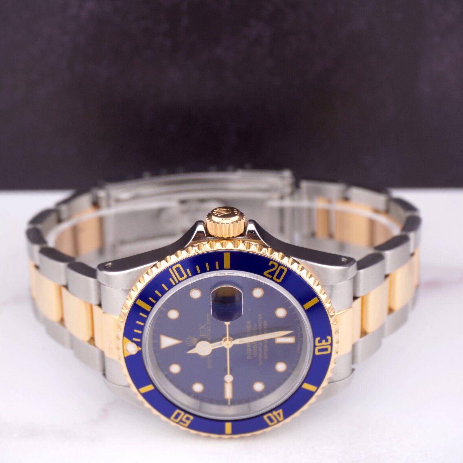 Women's or Men's Rolex Submariner Date 40mm 18k Yellow Gold & Steel BLUE Dial Oyster Watch 16613 For Sale