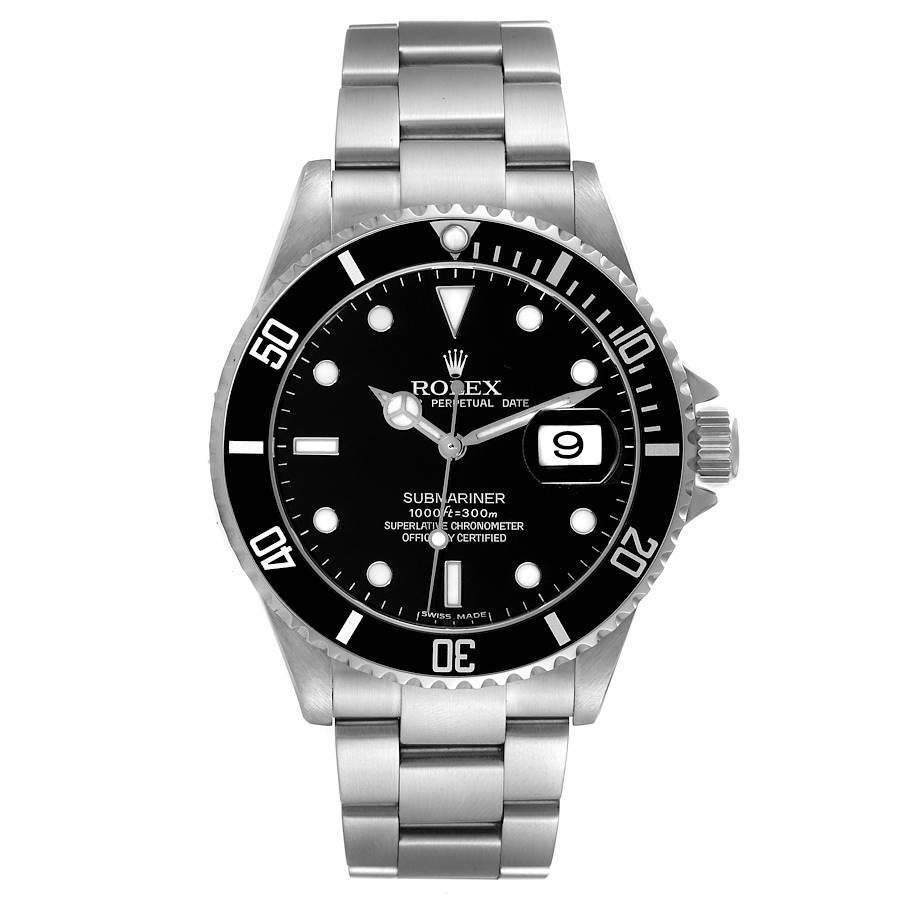 Rolex Submariner Date 40mm Black Dial Steel Mens Watch 16610 Box Card. Officially certified chronometer automatic self-winding movement. Stainless steel case 40.0 mm in diameter. Rolex logo on the crown. Special time-lapse unidirectional rotating