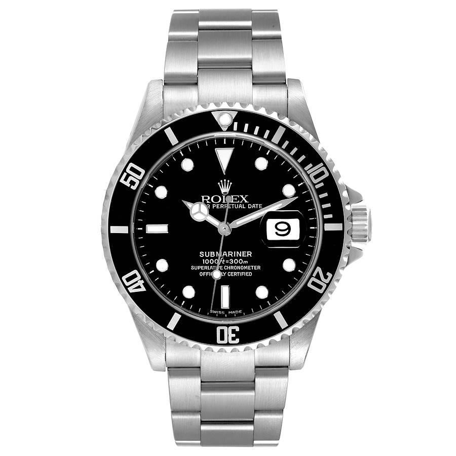 Rolex Submariner Date 40mm Black Dial Steel Mens Watch 16610 Box Card. Officially certified chronometer automatic self-winding movement. Stainless steel case 40.0 mm in diameter. Rolex logo on the crown. Special time-lapse unidirectional rotating