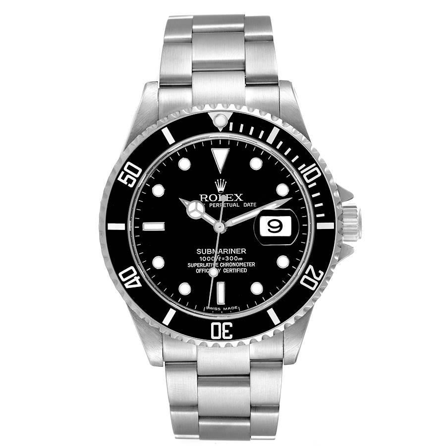 Rolex Submariner Date 40mm Black Dial Steel Mens Watch 16610 Box Papers. Officially certified chronometer automatic self-winding movement. Stainless steel case 40.0 mm in diameter. Rolex logo on the crown. Special time-lapse unidirectional rotating