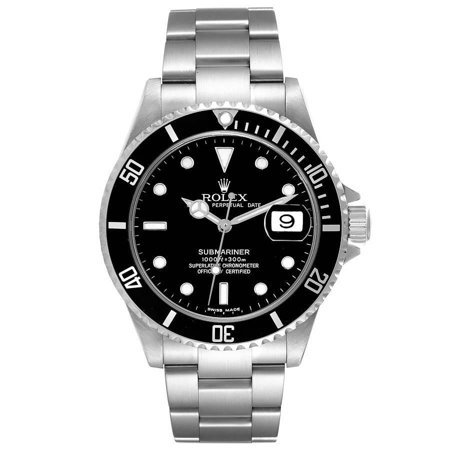 Rolex Submariner Date 40mm Black Dial Steel Mens Watch 16610 Box Papers. Officially certified chronometer automatic self-winding movement. Stainless steel case 40.0 mm in diameter. Rolex logo on the crown. Special time-lapse unidirectional rotating