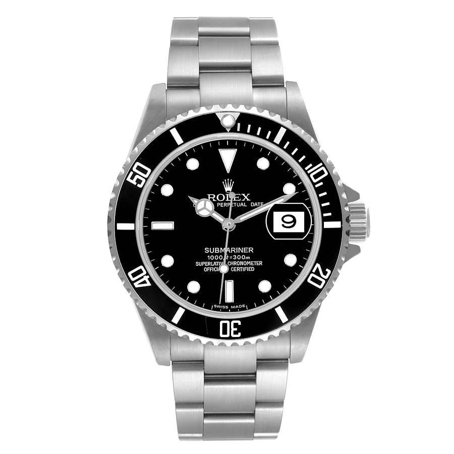 Rolex Submariner Date 40mm Black Dial Steel Mens Watch 16610 Box Papers. Officially certified chronometer automatic self-winding movement. Stainless steel case 40.0 mm in diameter. Rolex logo on the crown. Special time-lapse unidirectional rotating