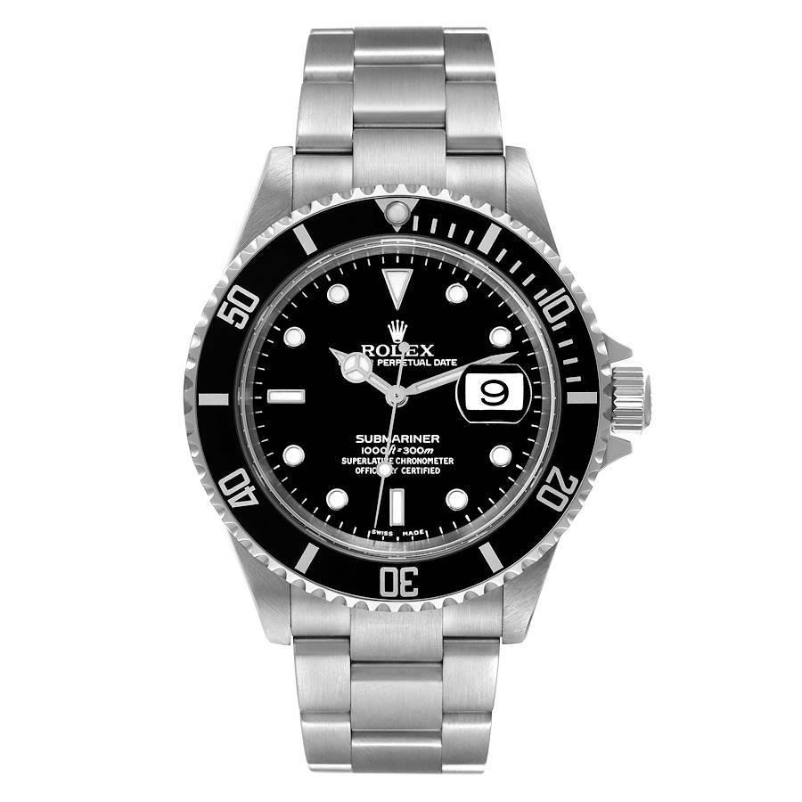 Rolex Submariner Date 40mm Black Dial Steel Mens Watch 16610. Officially certified chronometer automatic self-winding movement. Stainless steel case 40.0 mm in diameter. Rolex logo on the crown. Special time-lapse unidirectional rotating bezel.