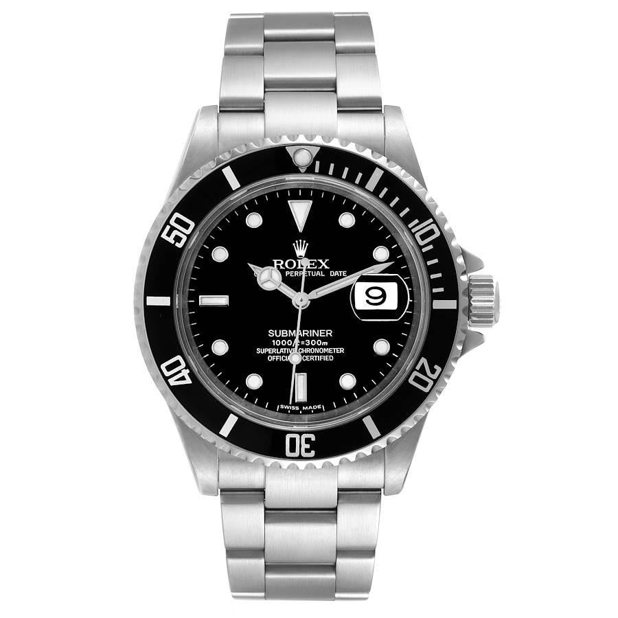 Rolex Submariner Date 40mm Black Dial Steel Mens Watch 16610. Officially certified chronometer automatic self-winding movement. Stainless steel case 40.0 mm in diameter. Rolex logo on the crown. Special time-lapse unidirectional rotating bezel.