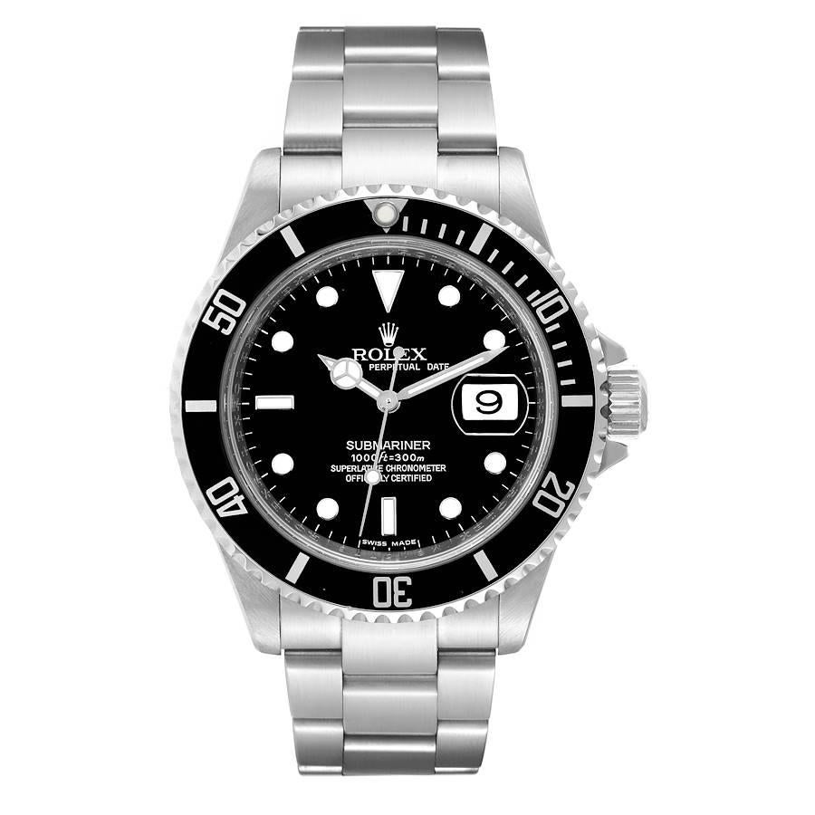 Rolex Submariner Date 40mm Black Dial Steel Mens Watch 16610. Officially certified chronometer automatic self-winding movement. Stainless steel case 40.0 mm in diameter. Rolex logo on the crown. Special time-lapse unidirectional rotating bezel.