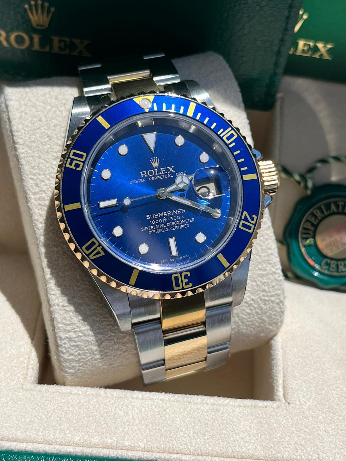 Rolex Submariner Date 40mm Blue Dial Steel 18K Yellow Gold Mens Watch 16613 For Sale 3