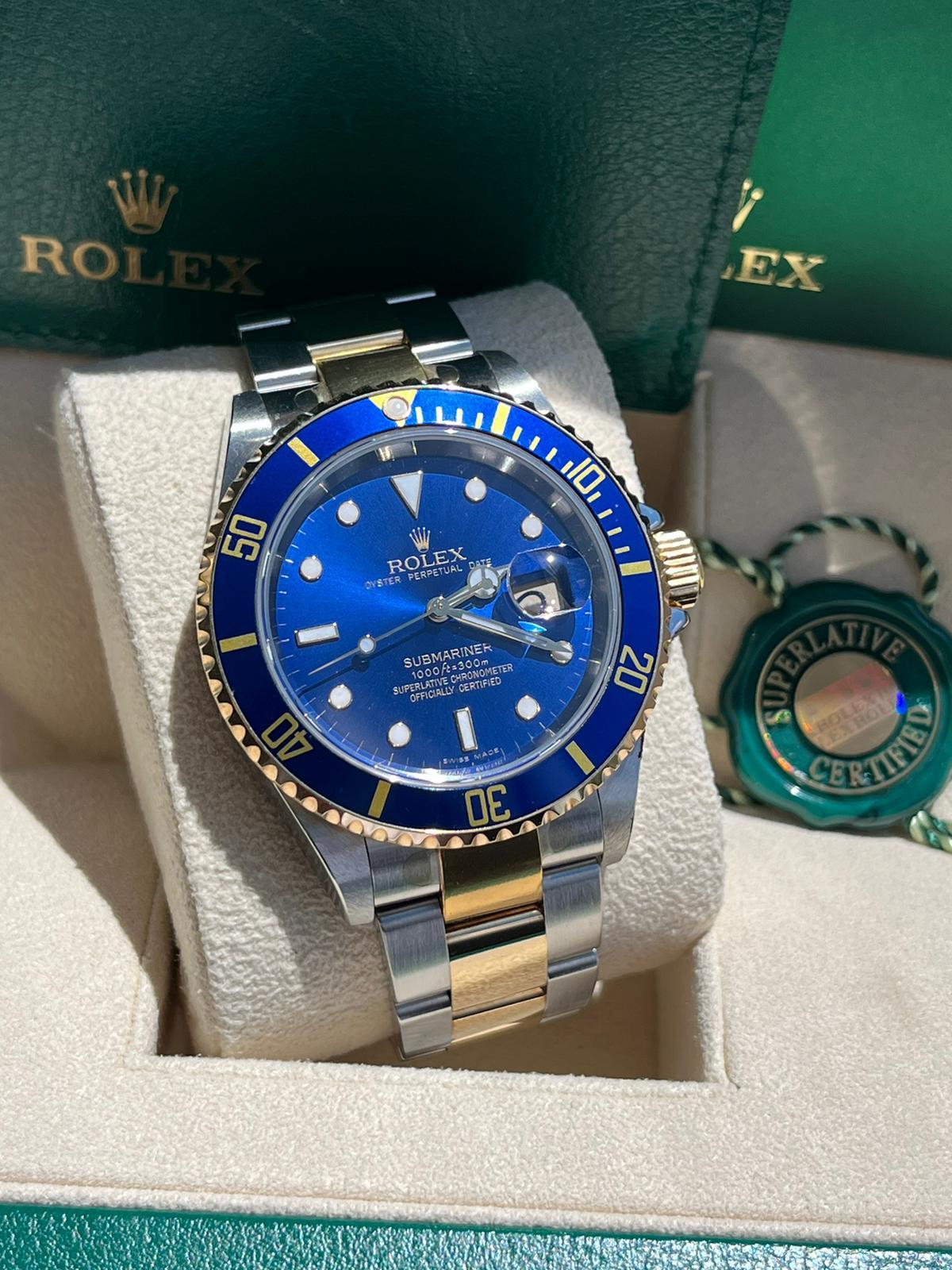 Rolex Submariner Date 40mm Blue Dial Steel 18K Yellow Gold Mens Watch 16613 For Sale 4